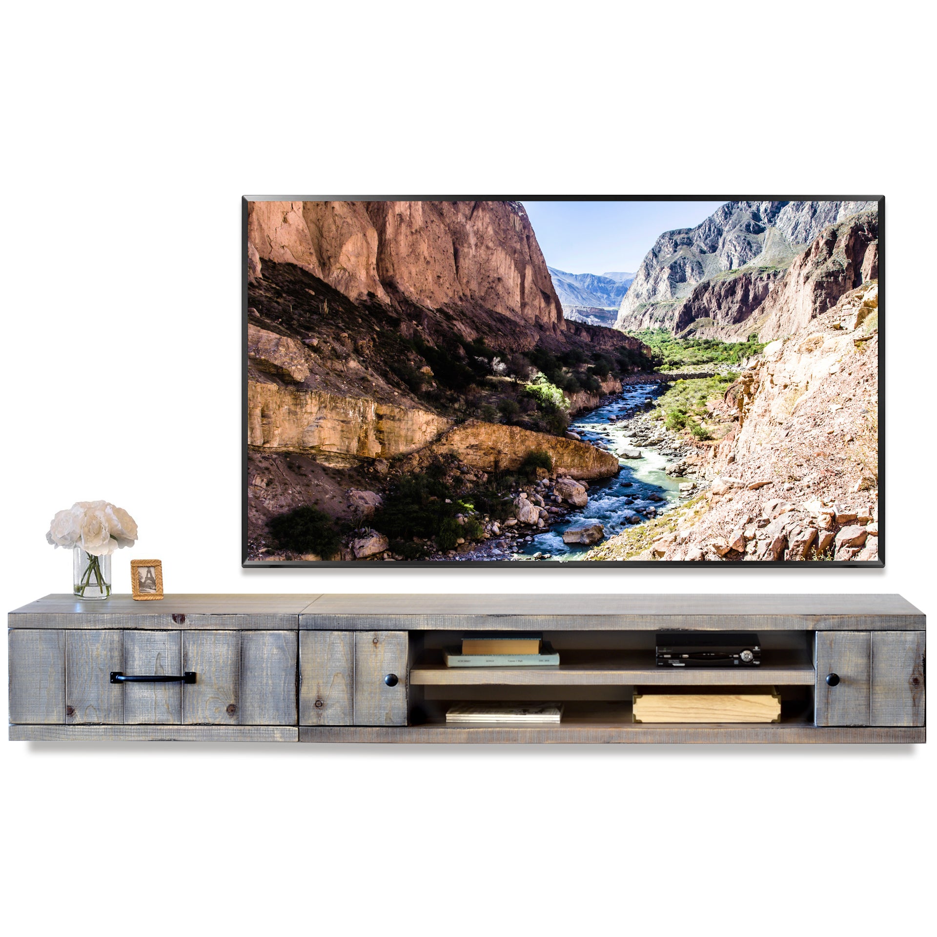 Gray Rustic Floating TV Stand Coastal Barn Wood Style Wall Mount Entertainment Center - Farmhouse - Lakewood
