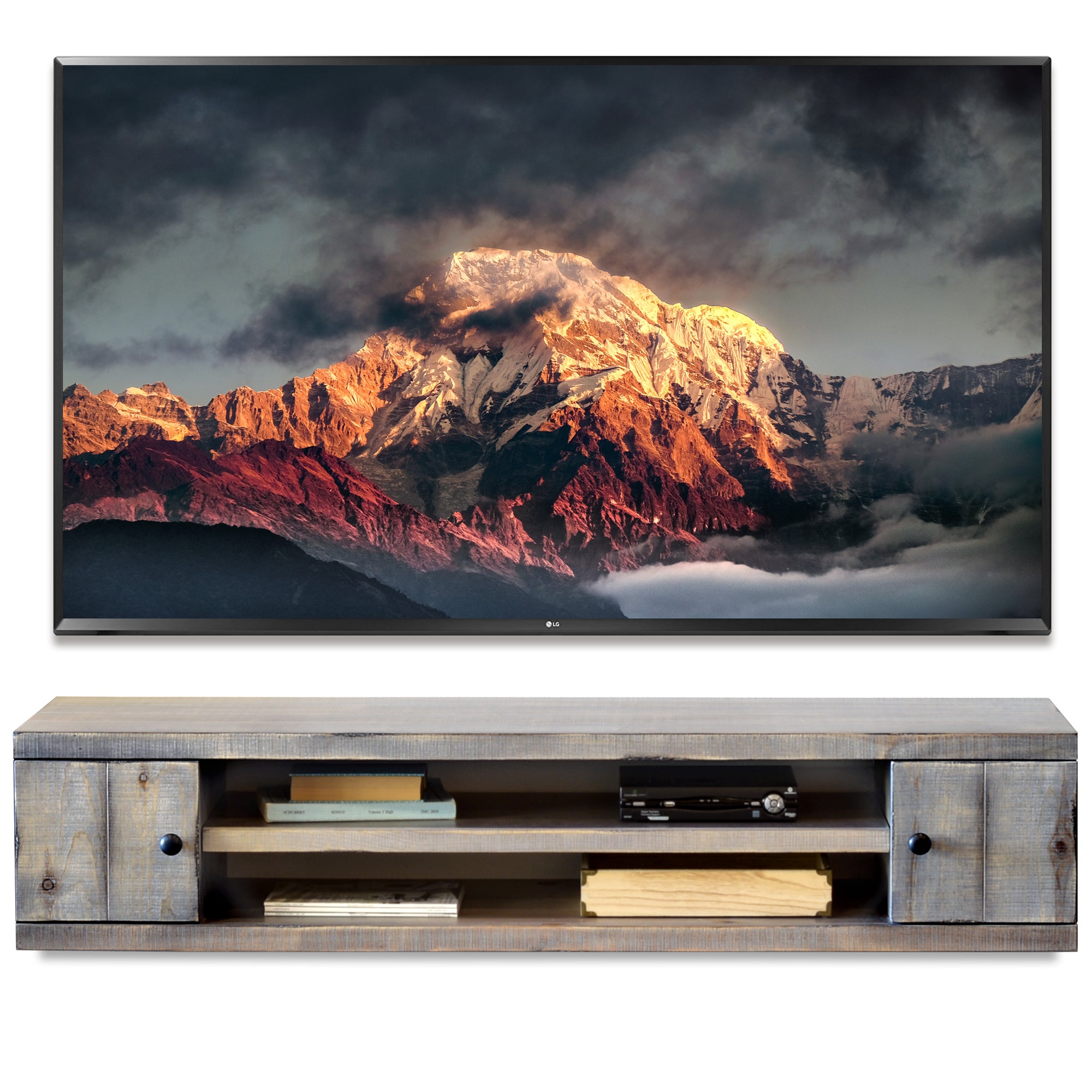 Gray Rustic Barn Wood Style Floating TV Stand - Farmhouse - Lakewood