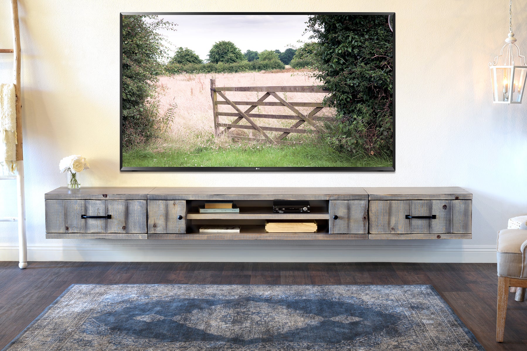 Gray Rustic Barn Wood Style Floating TV Stand Entertainment Center F