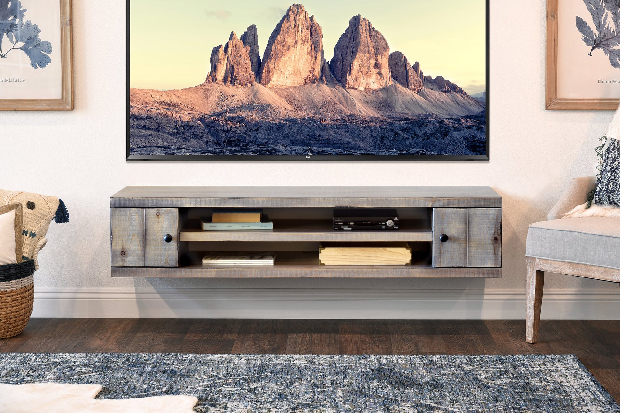 Gray Rustic Barn Wood Style Floating TV Stand - Farmhouse - Lakewood
