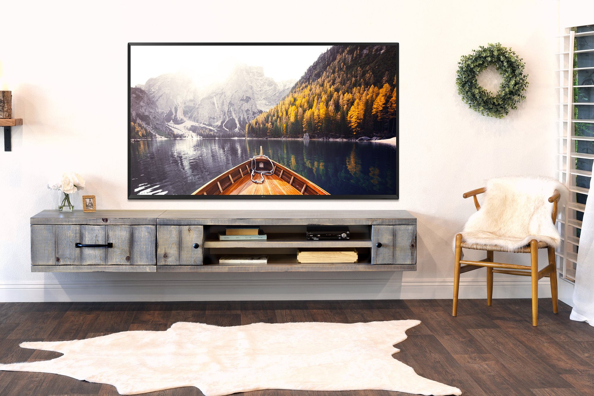Gray Rustic Floating TV Stand Coastal Barn Wood Style Wall Mount Entertainment Center - Farmhouse - Lakewood