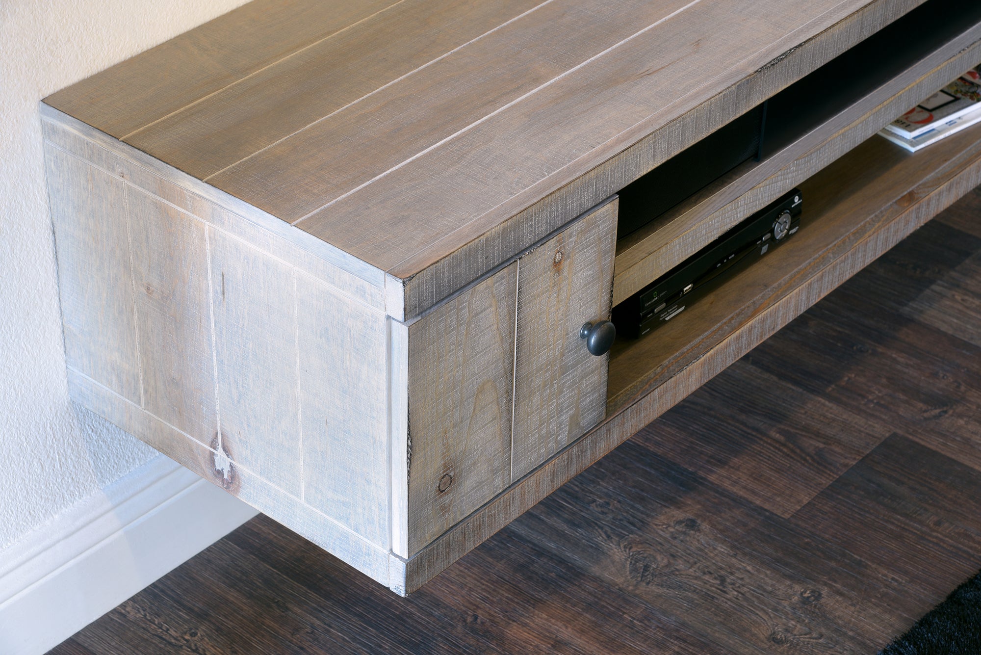 Gray Rustic Barn Wood Style Floating TV Stand - Farmhouse - Lakewood