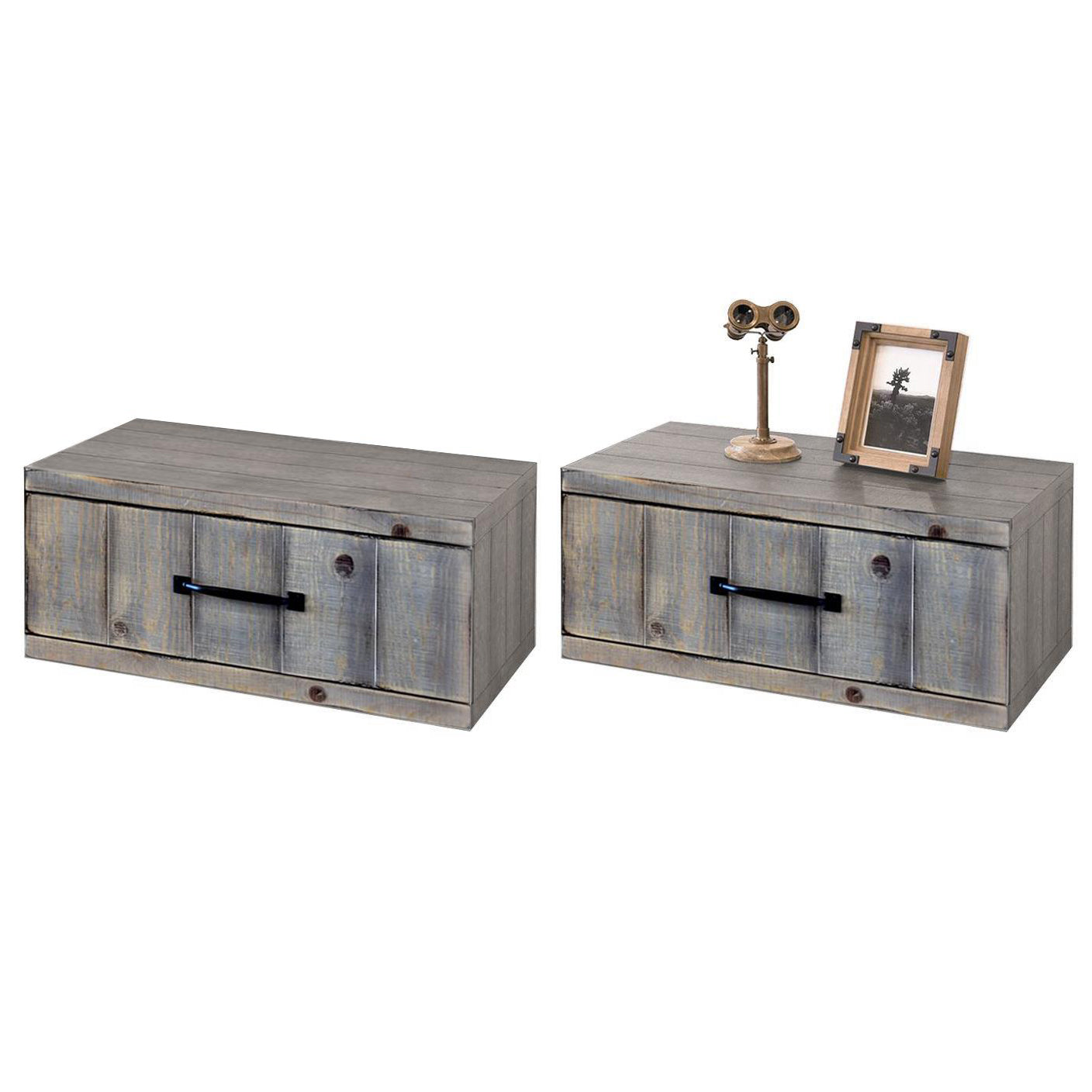 Gray Rustic Floating Nightstands Wall Mount Drawers - Farmhouse - Lakewood - Set of 2