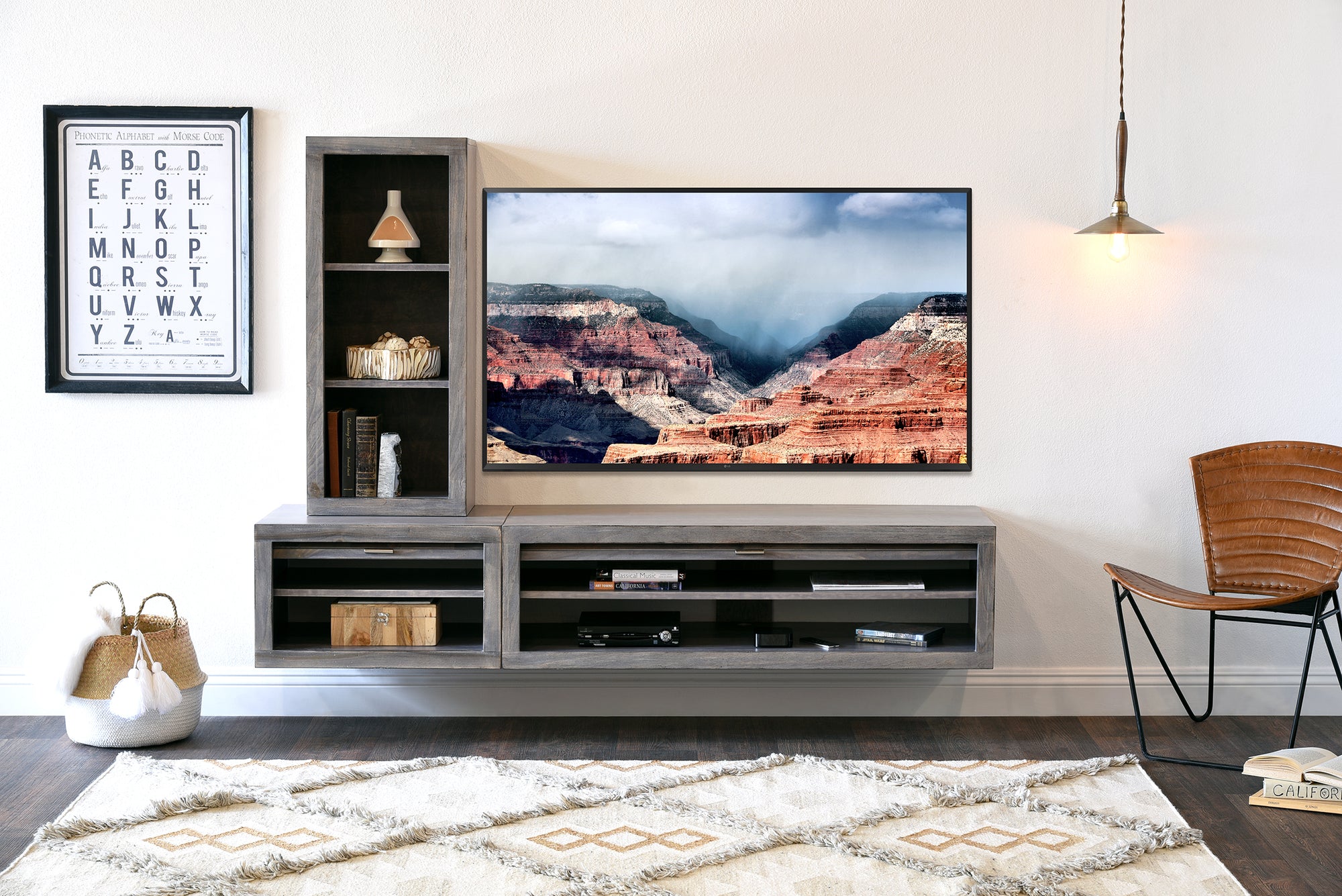 Gray Floating TV Stand With Bookcase - ECO GEO - Lakewood