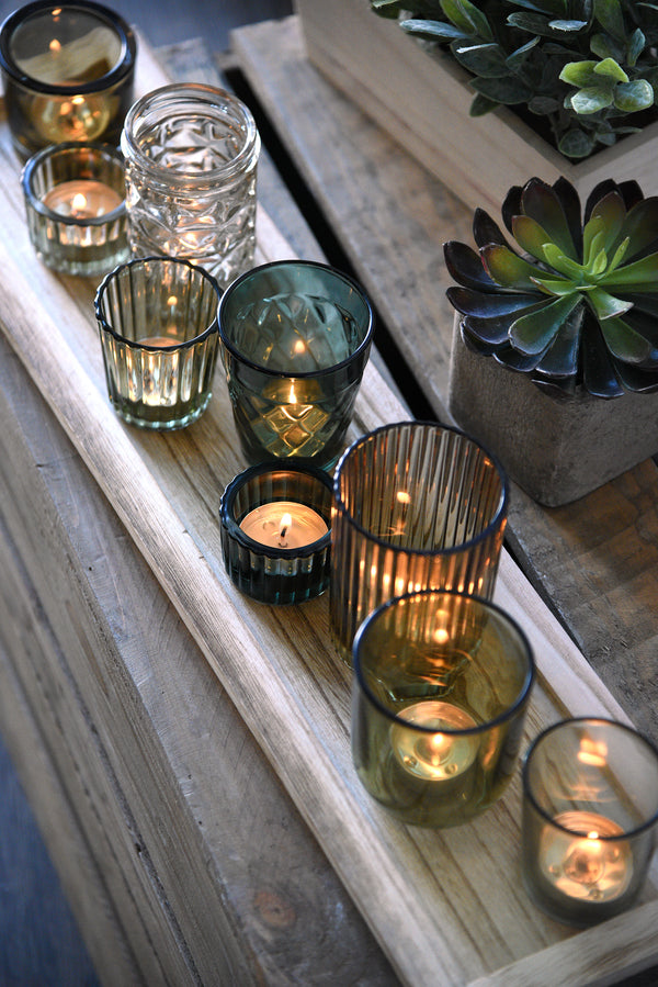 Green Glass Tealight Candle Holders With Wood Tray Woodwaves