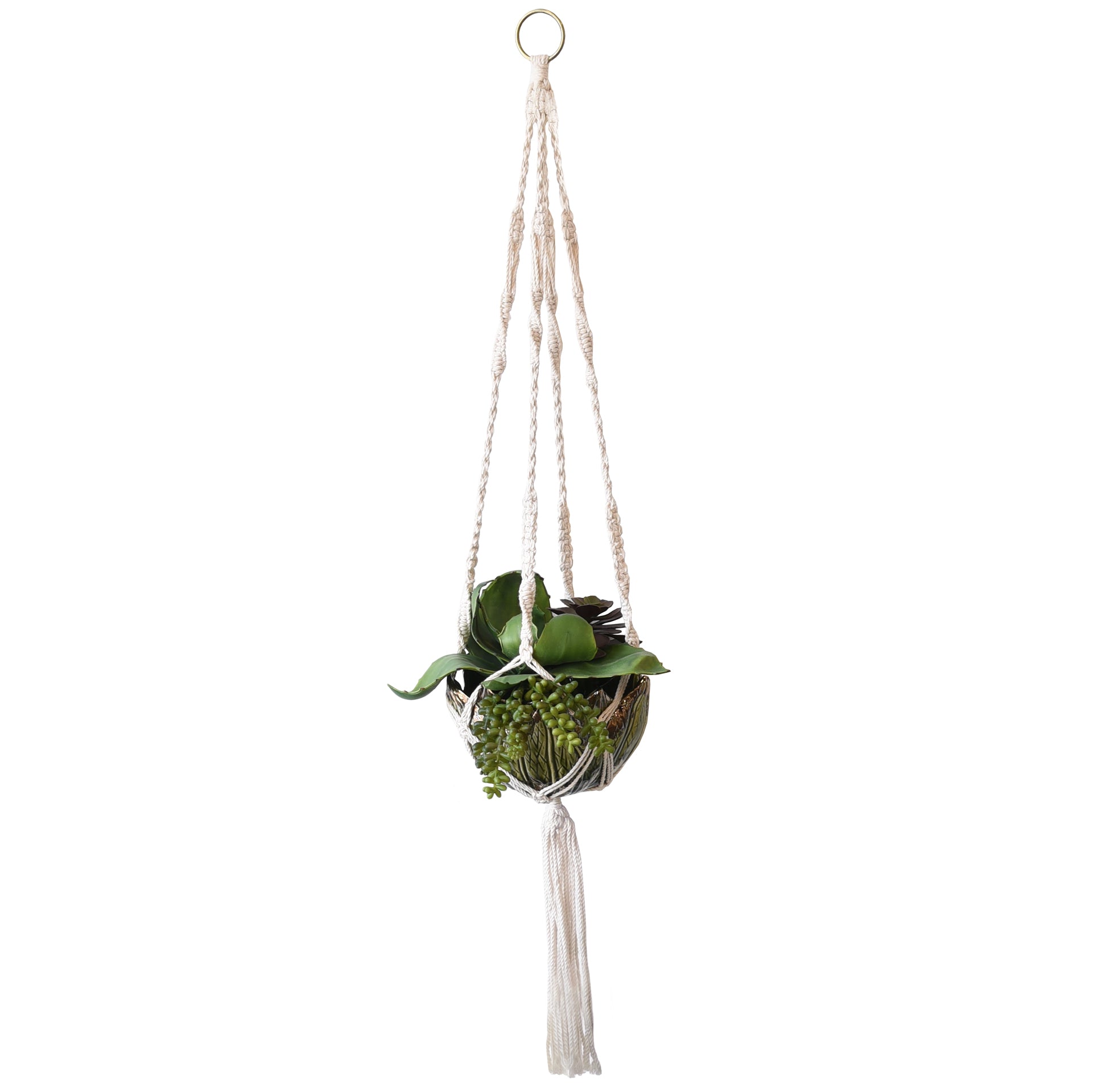 Hanging Modern Boho Macrame Planter With Ceramic Leaf Pot