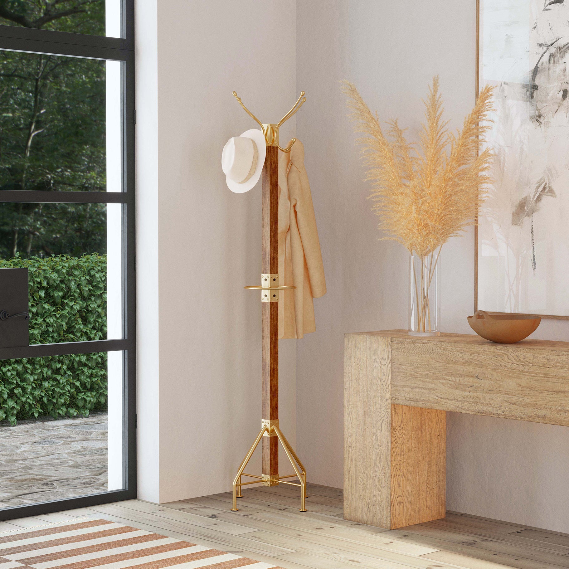 Wooden Coat Coat Umbrella Stand Industrial Antiqued Gold And