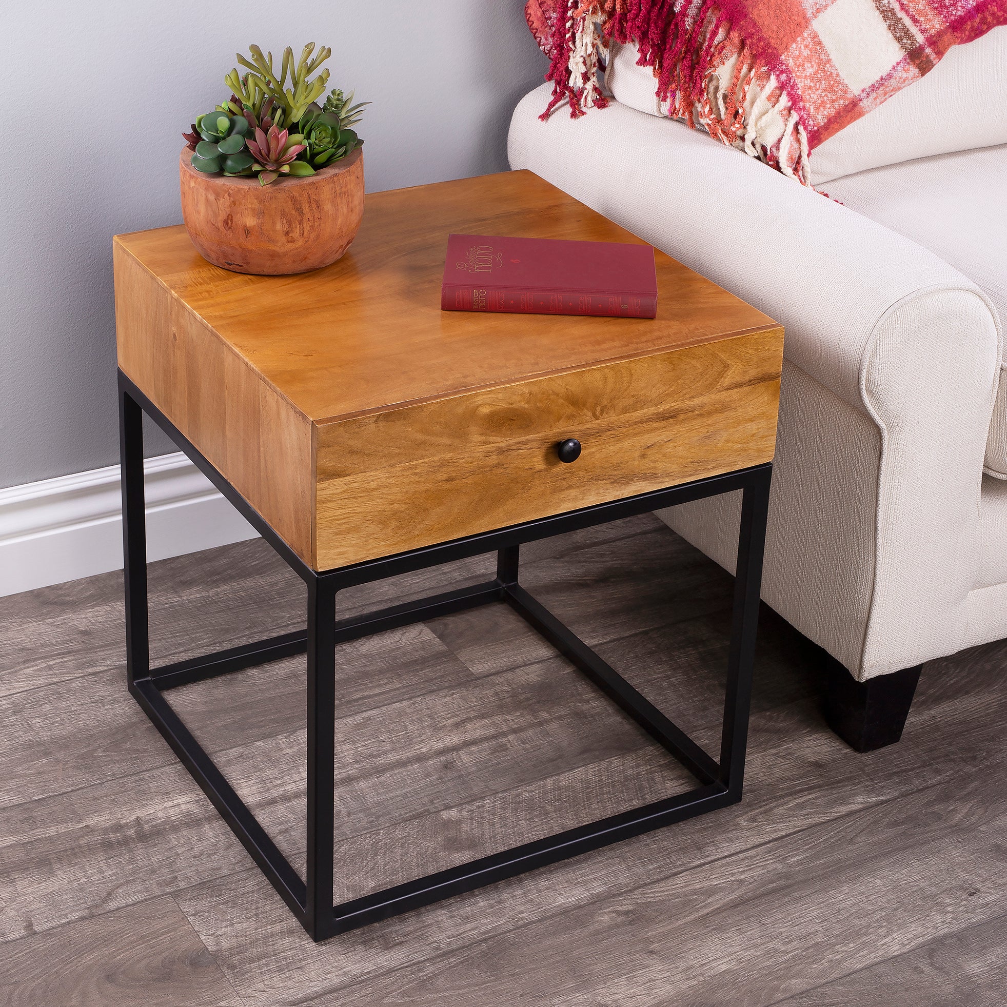 Industrial Modern Iron and Wood Nightstand End Table