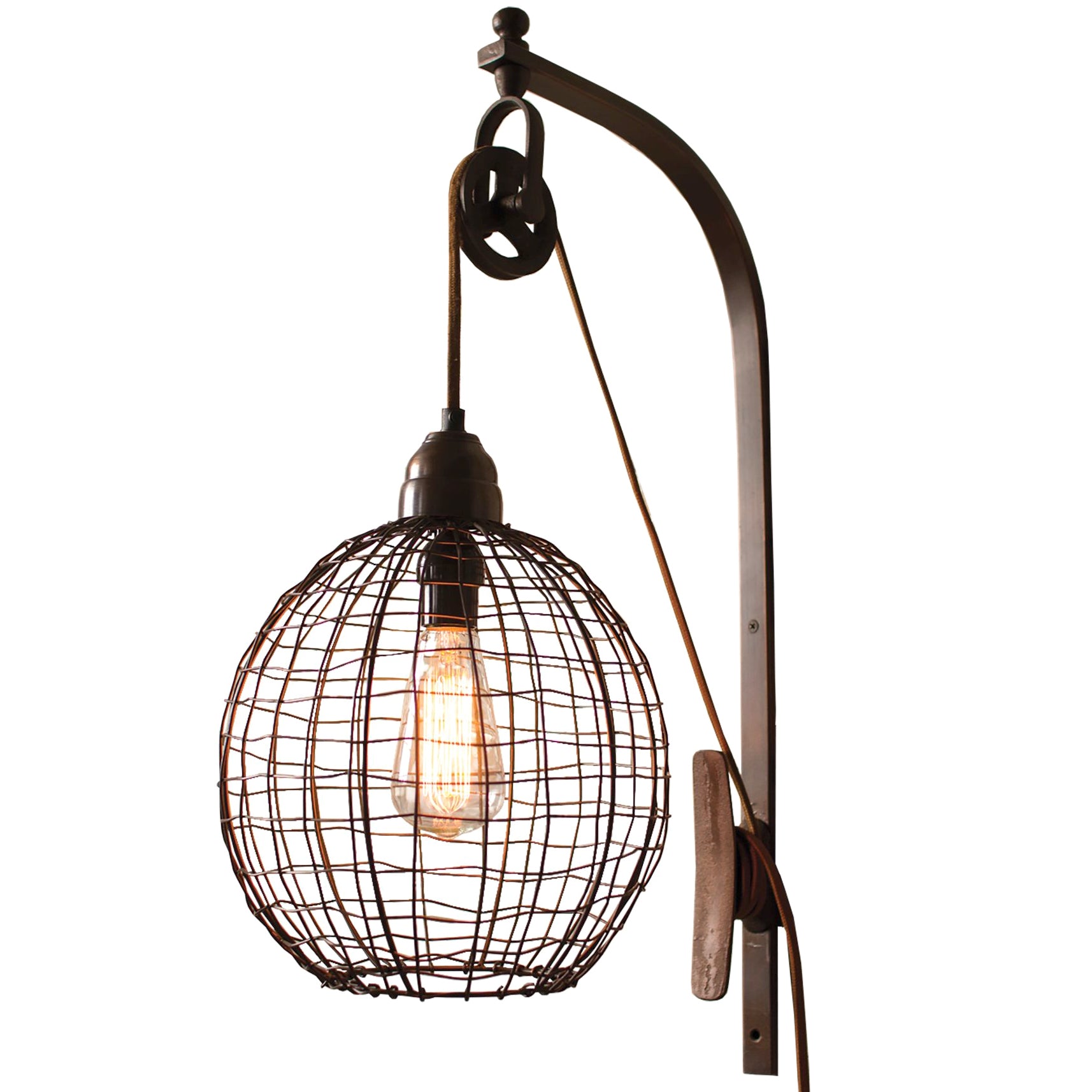 Industrial Modern Pulley Wall Sconce With Round Wire Shade
