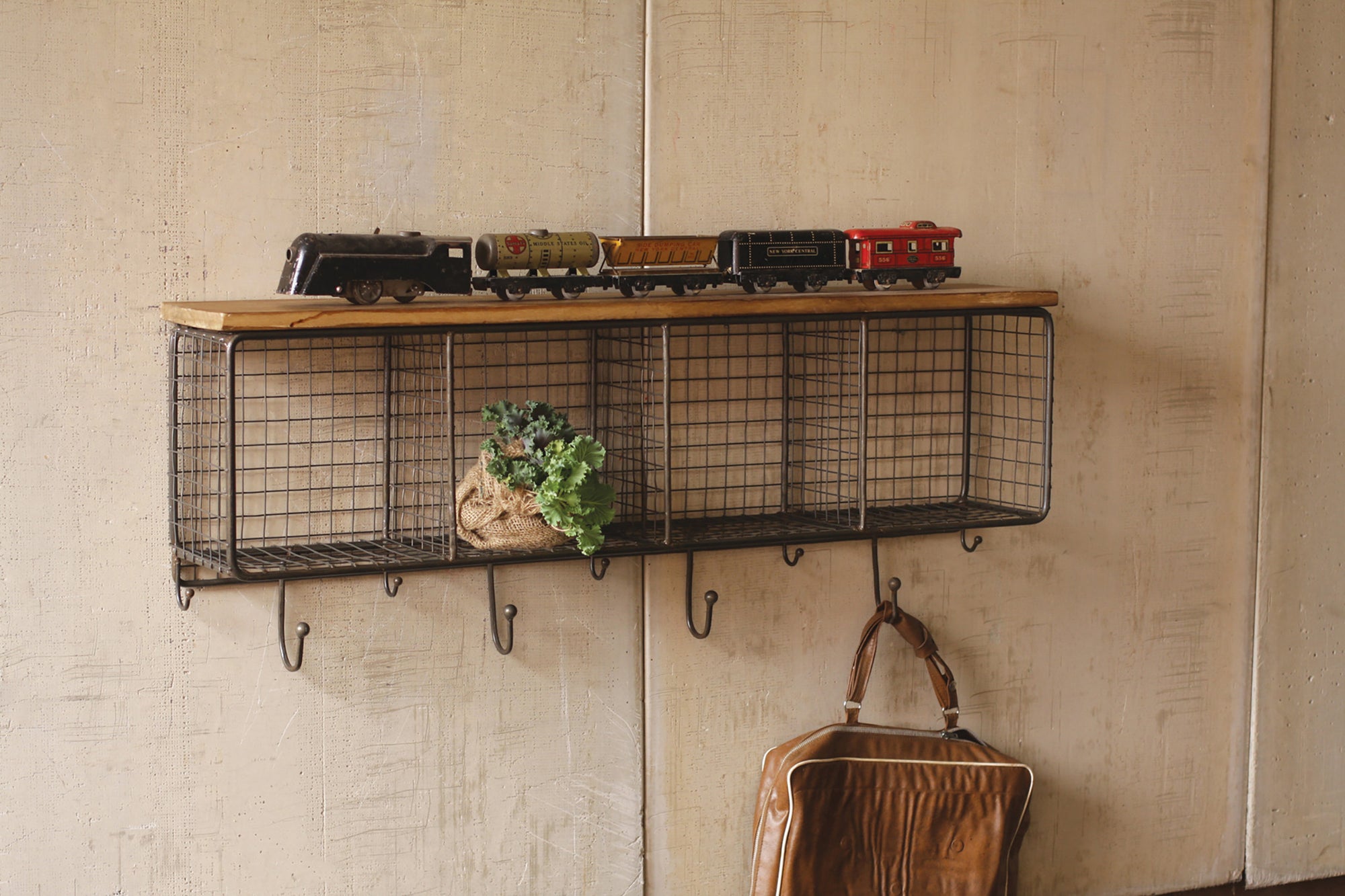 Industrial Modern Cage Wall Cubbies and Top Shelf