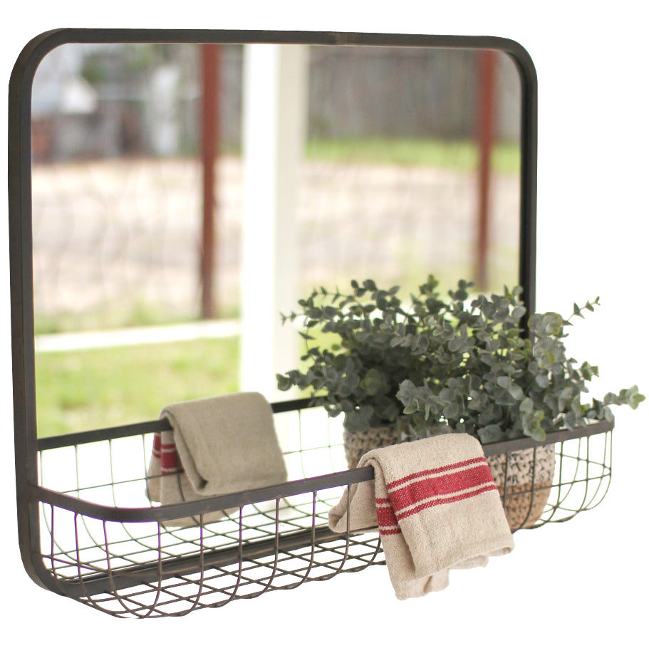 Industrial Modern Mirror With Wire Basket Wall Shelf