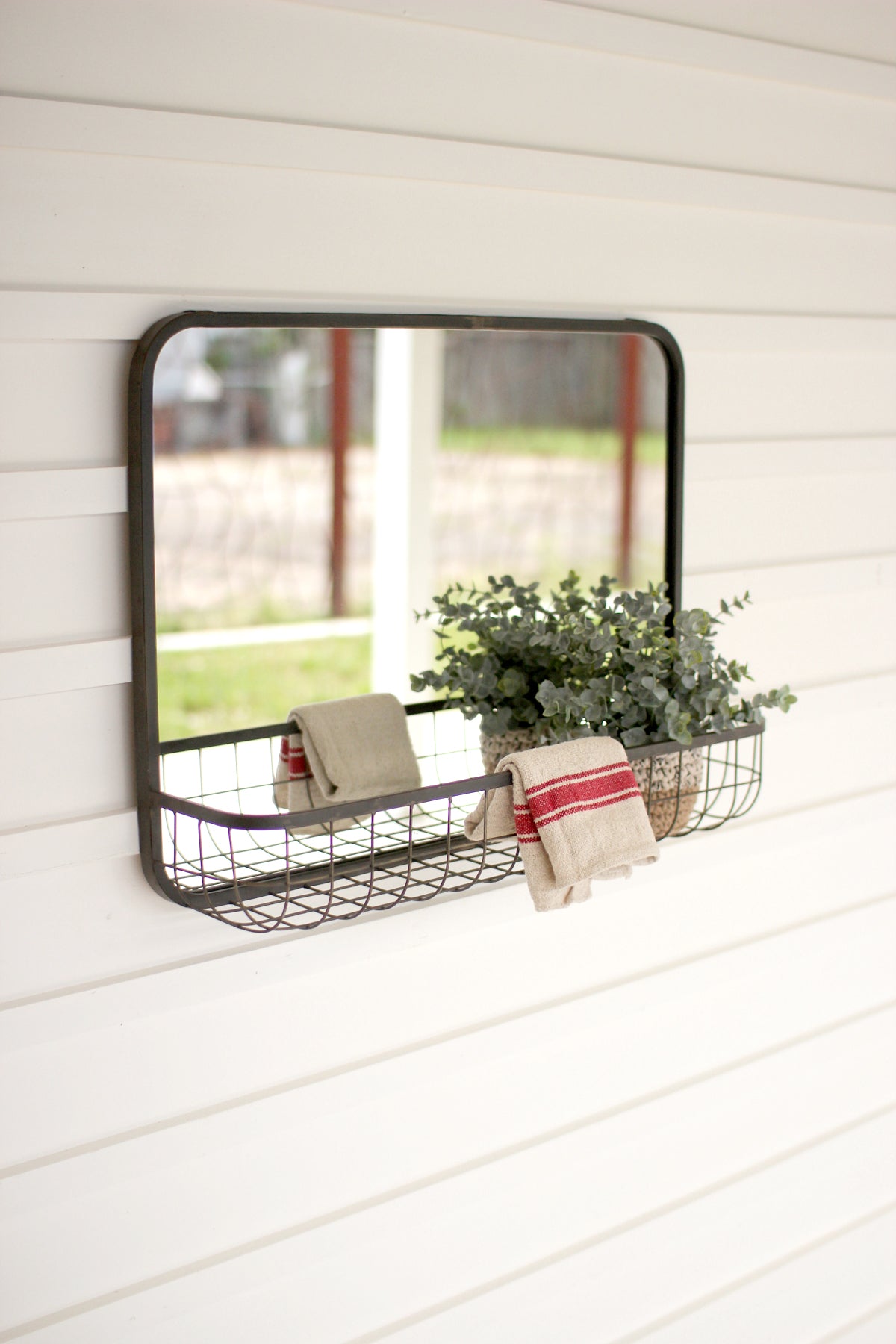 Industrial Modern Mirror With Wire Basket Wall Shelf