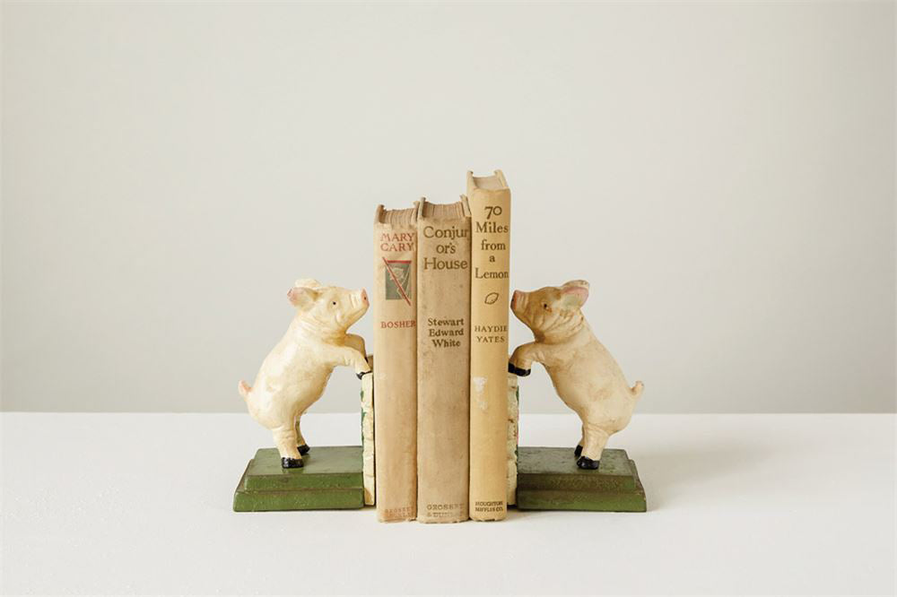 Kids Pig Bookends Rustic Hand Painted - Set of 2