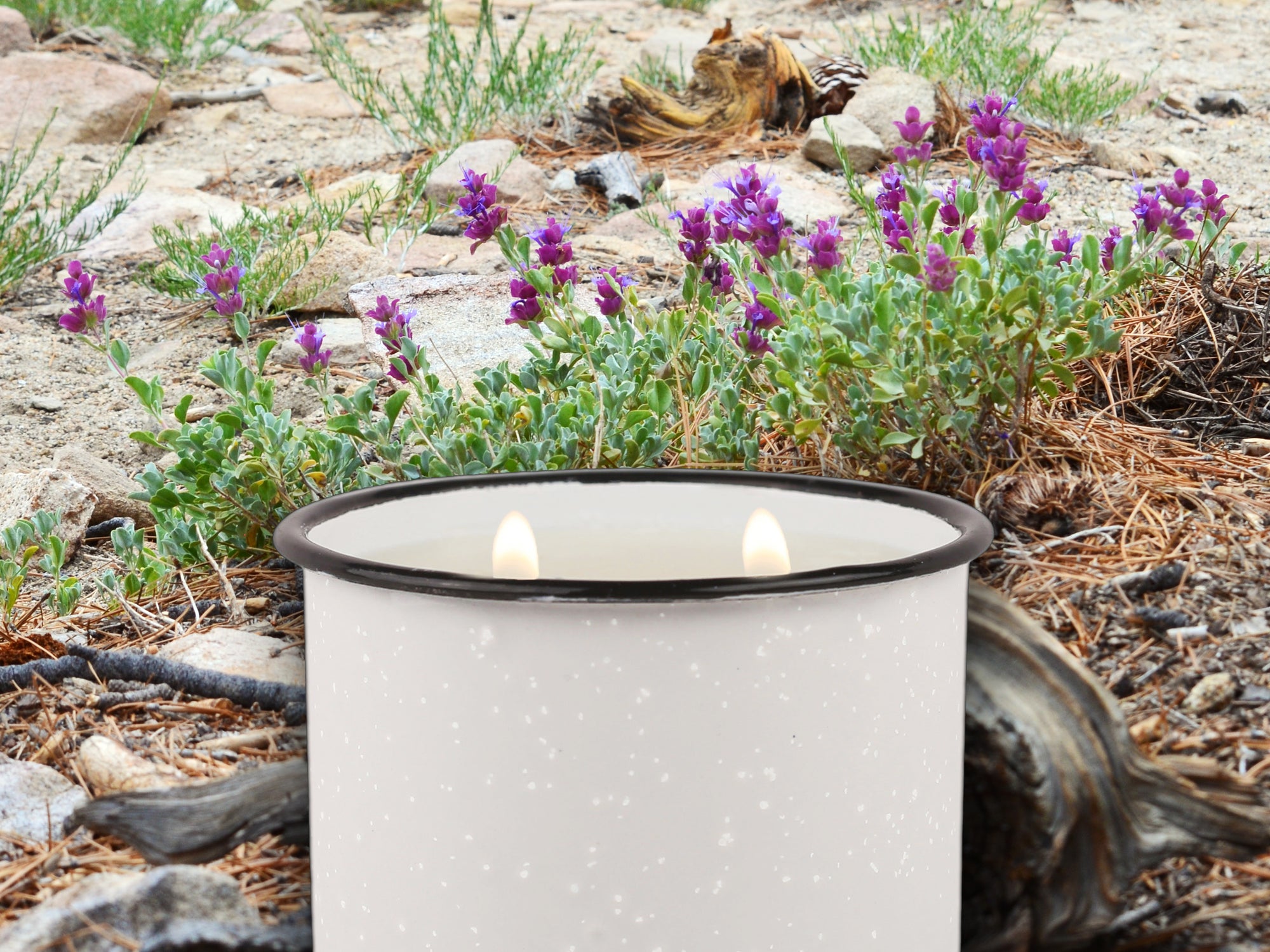 Light Gray Enamel Camping Mug Candle - Wildflowers & Birch - Woods Scented