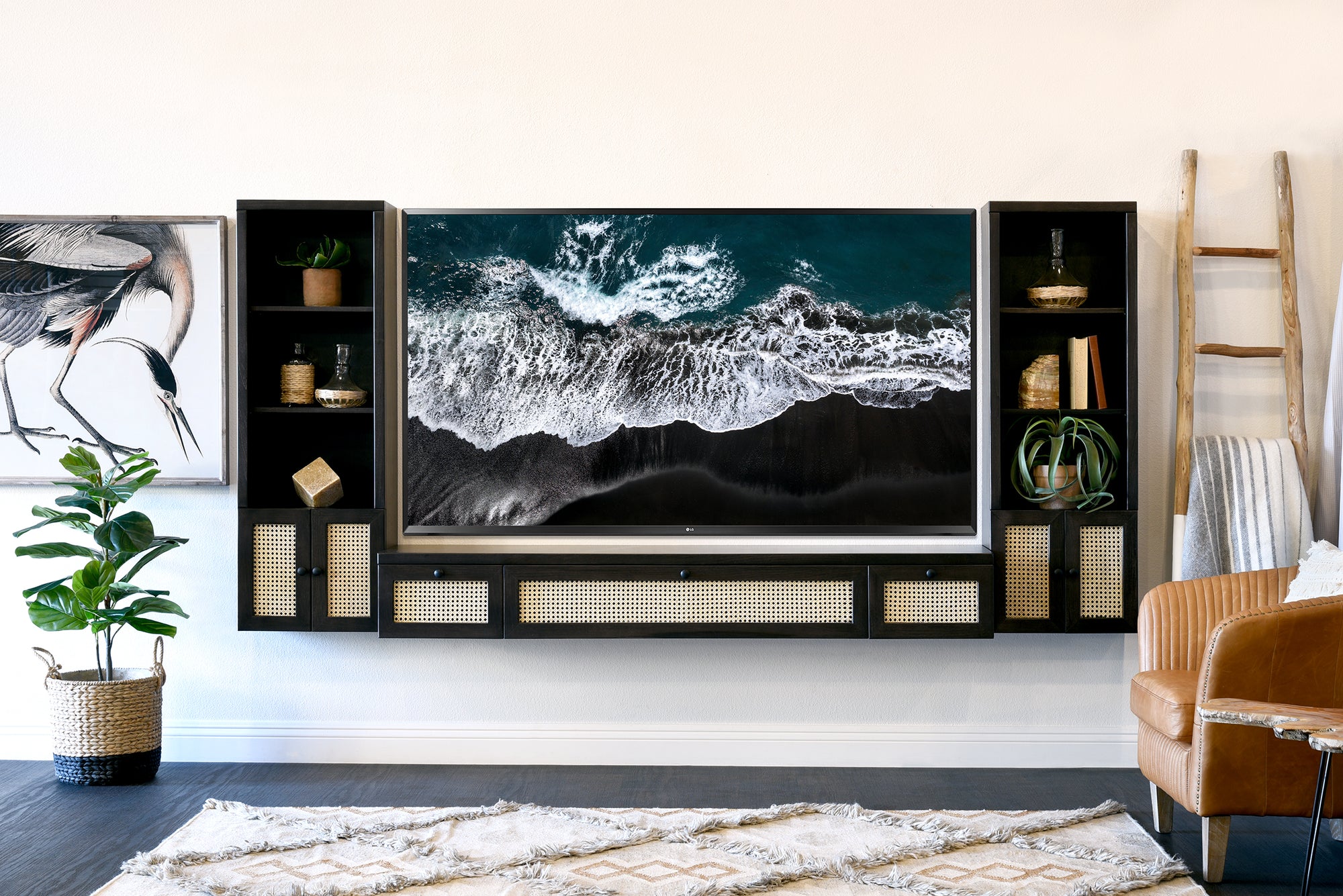 Midnight Sky Black Cane Floating TV Stand Wall Mount Entertainment Center Boho Rattan Wicker Console - Sugar Cane