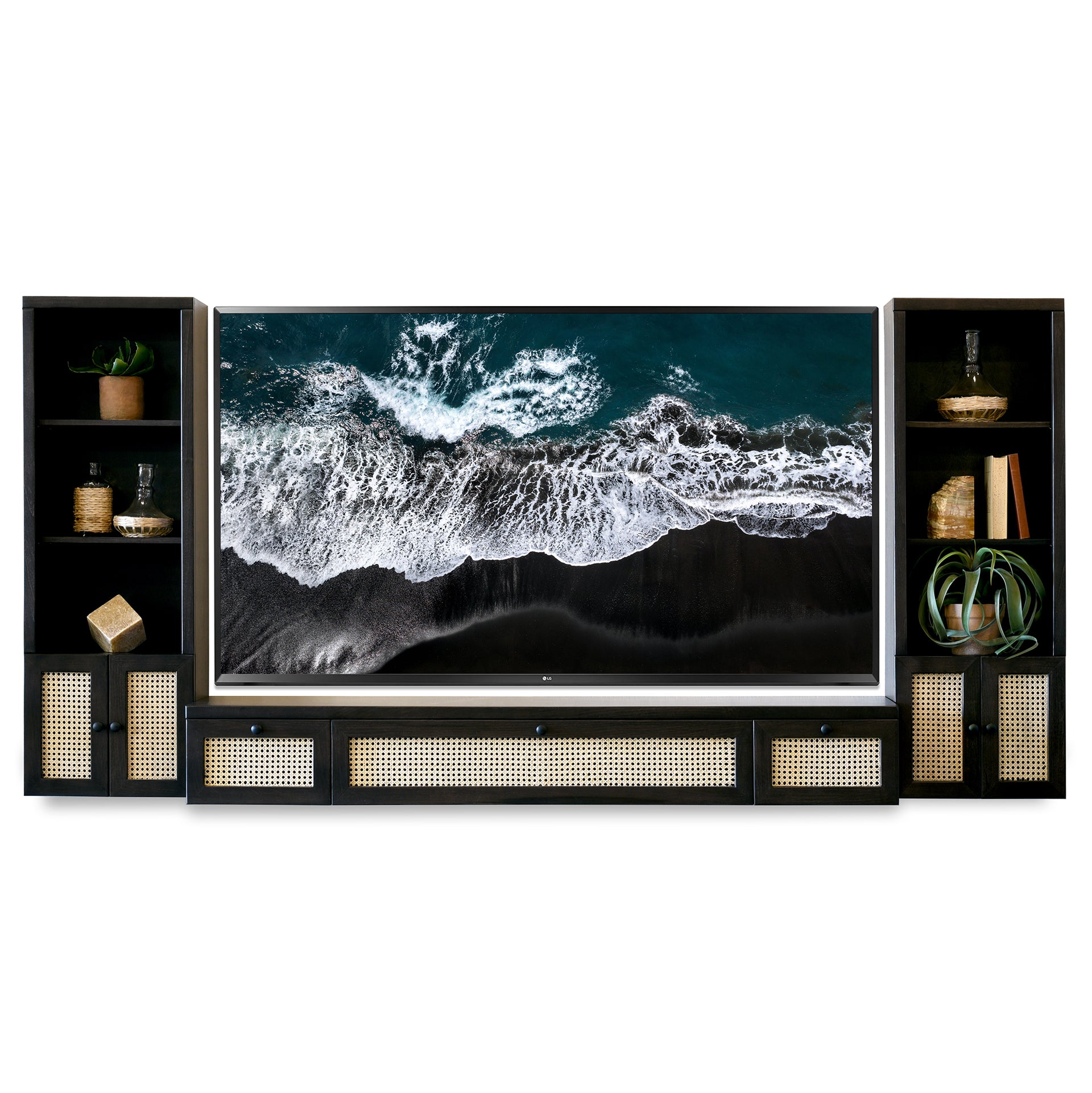 Handcrafted Floating TV Stand - Cane Wall Mount Entertainment Center - Rattan Wicker - Sugar Cane - Midnight Sky Black