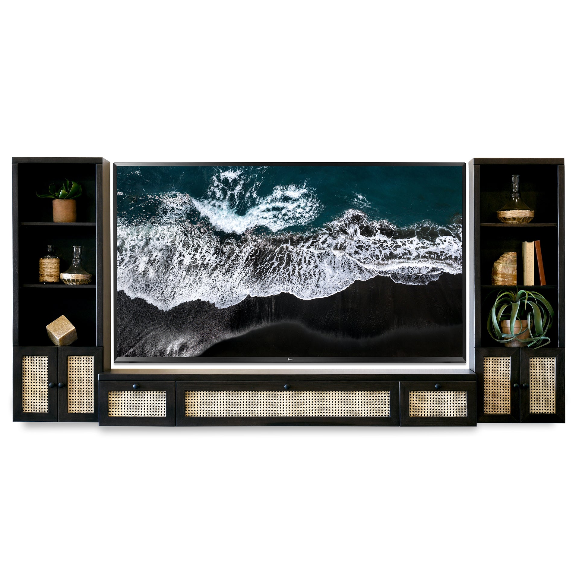 Floating TV Stand - Woodwaves - Floating Entertainment Center Cane Rattan Wicker Console - Sugar Cane Collection - Midnight Sky Black