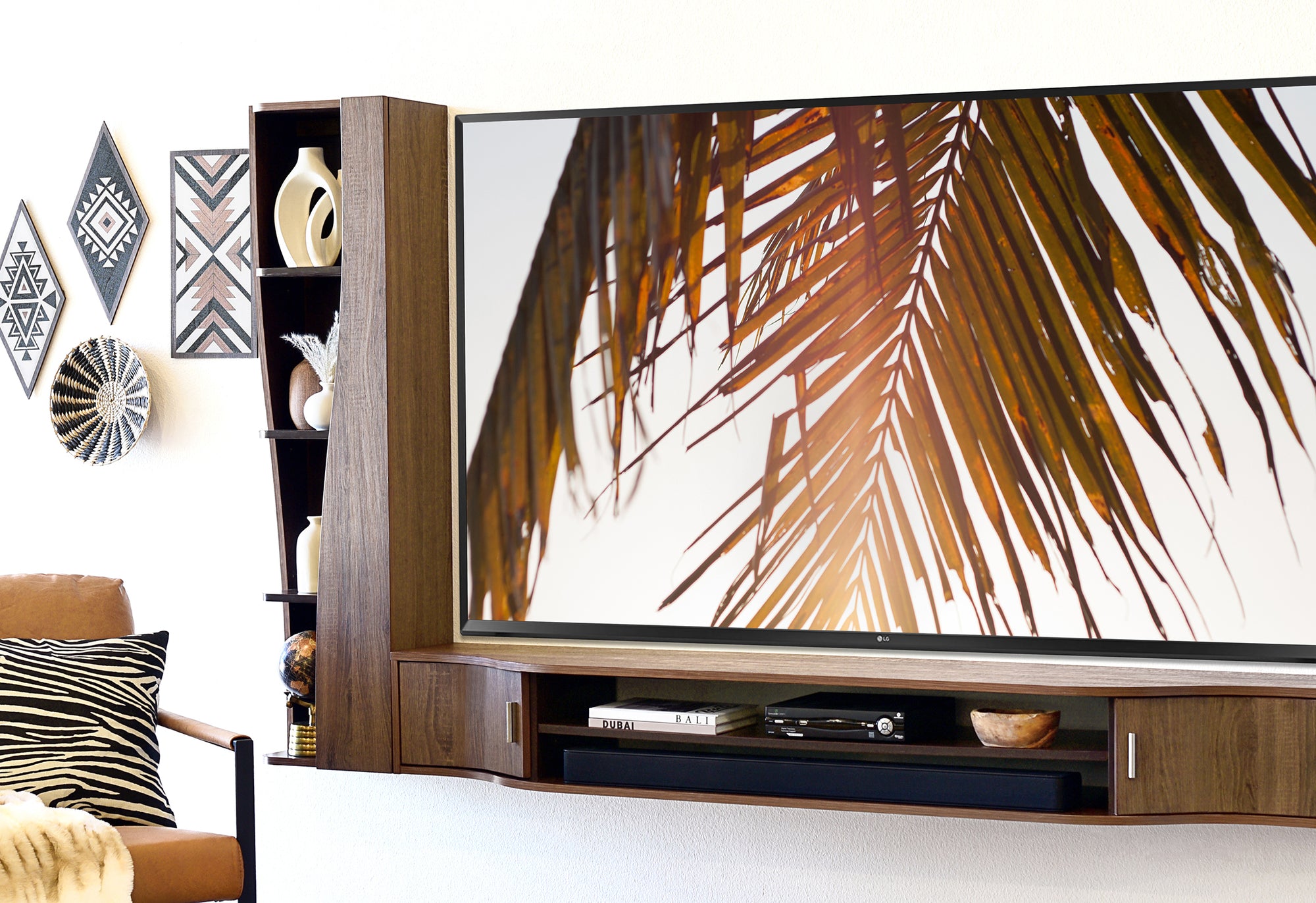 Handcrafted 94" Fully Assembled Modern Curved Floating TV Stand Wall Mount Entertainment Center - Mojave - Dark Walnut