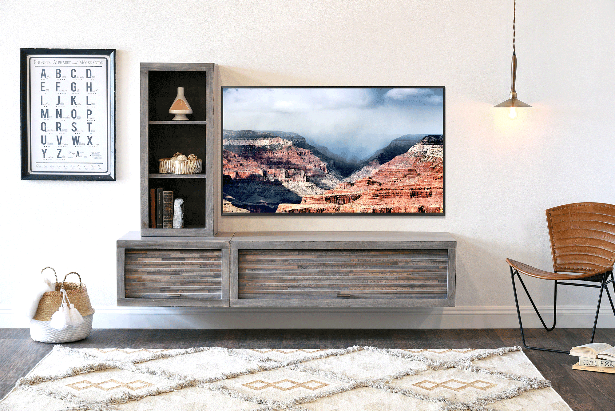 Gray Floating TV Stand With Bookcase - ECO GEO - Lakewood