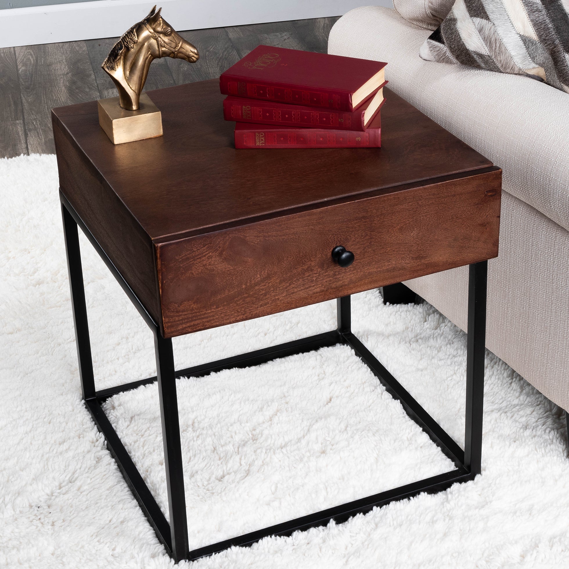 Industrial Modern Iron and Dark Brown Wood Nightstand End Table