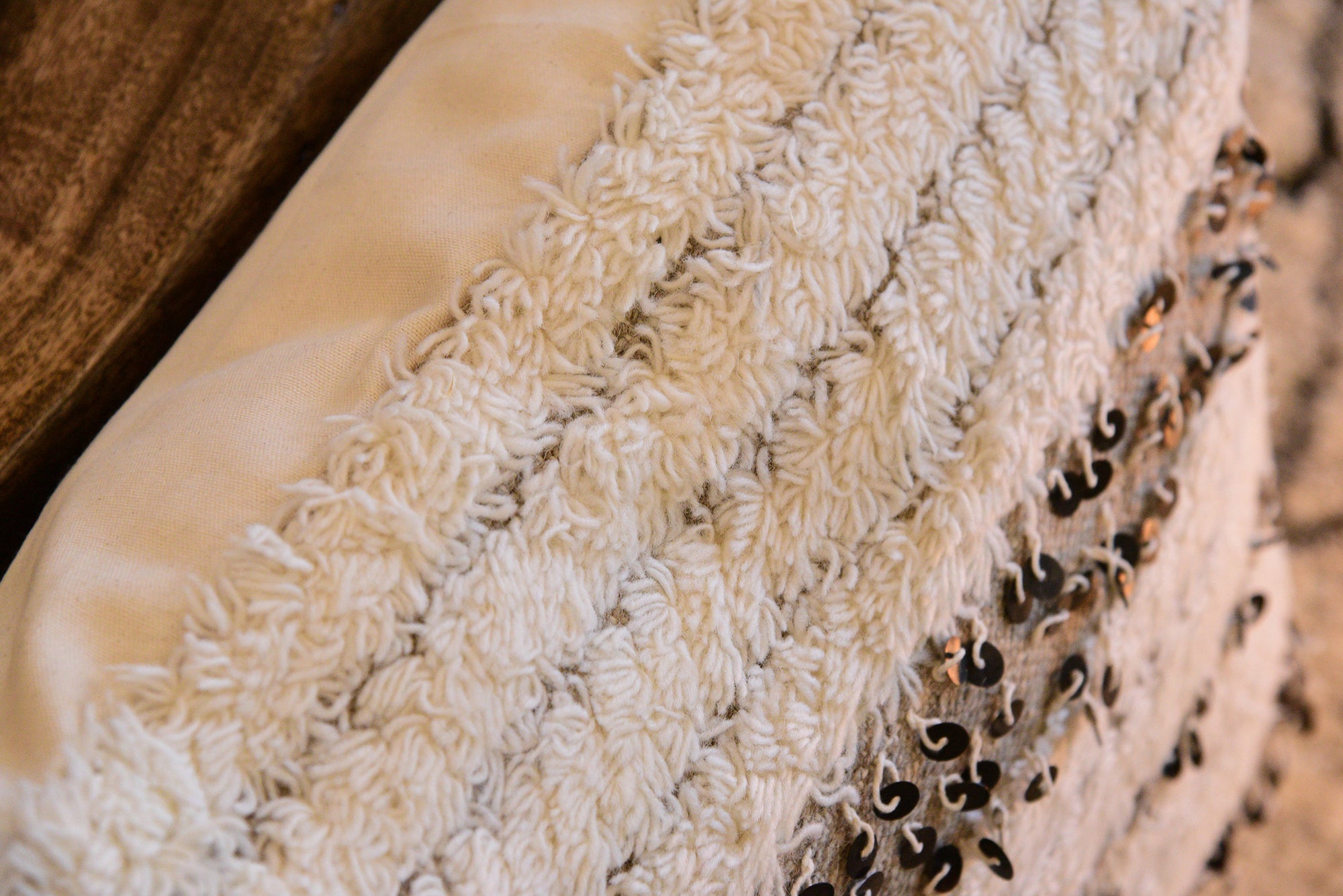 Modern Beige Shag Pillow With Metal Accents