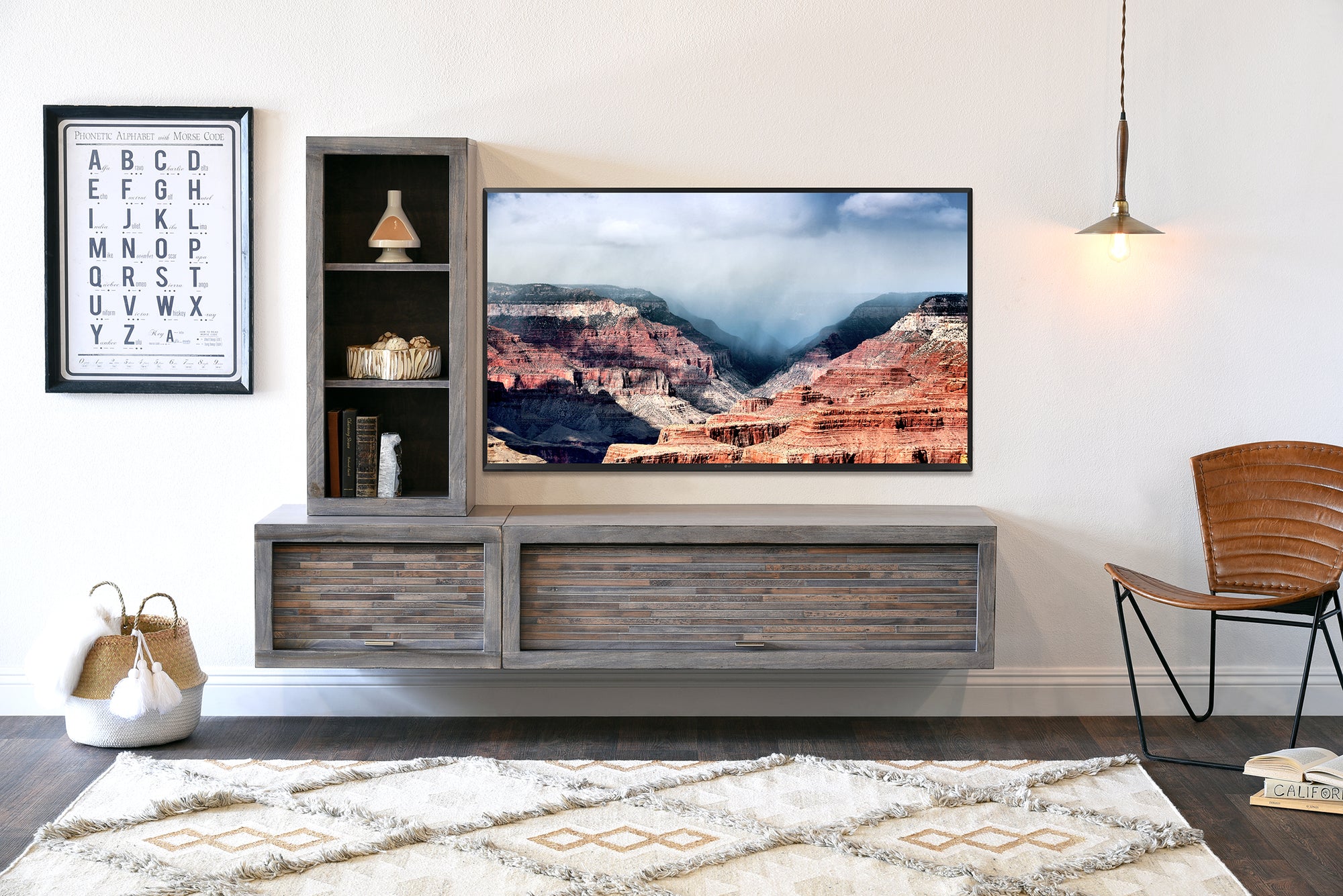 Gray Floating TV Stand With Bookcase - ECO GEO - Lakewood