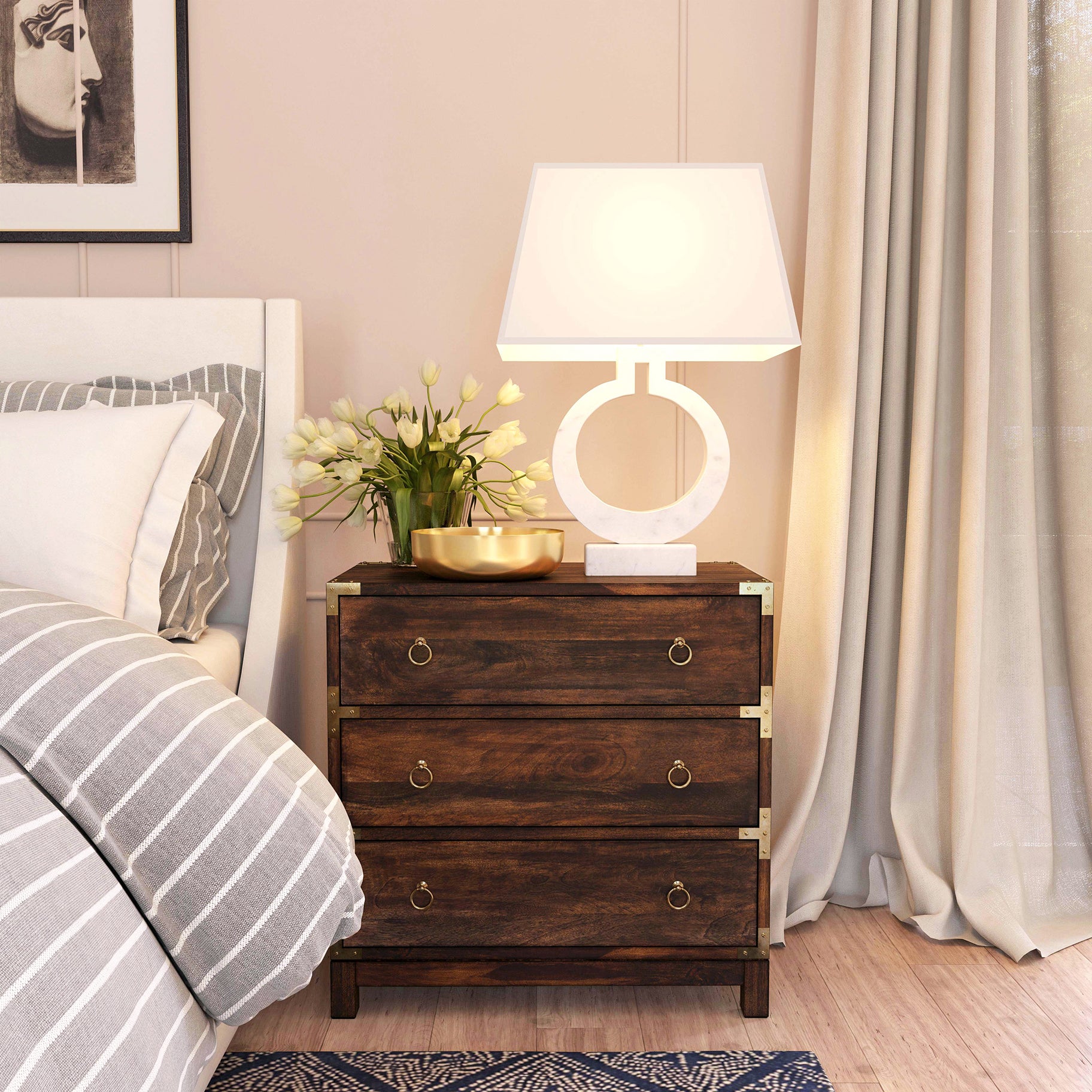 Nautical Wood and Brass Detail Three Drawer Dresser Chest