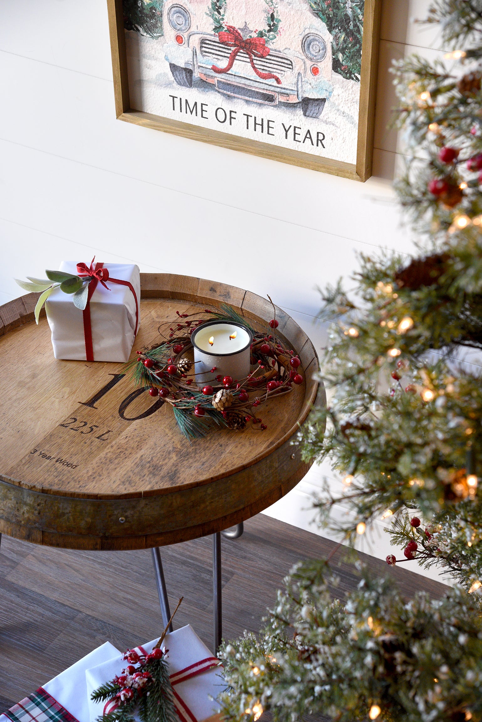 Wine Barrel End Table With Hairpin Legs - Natural
