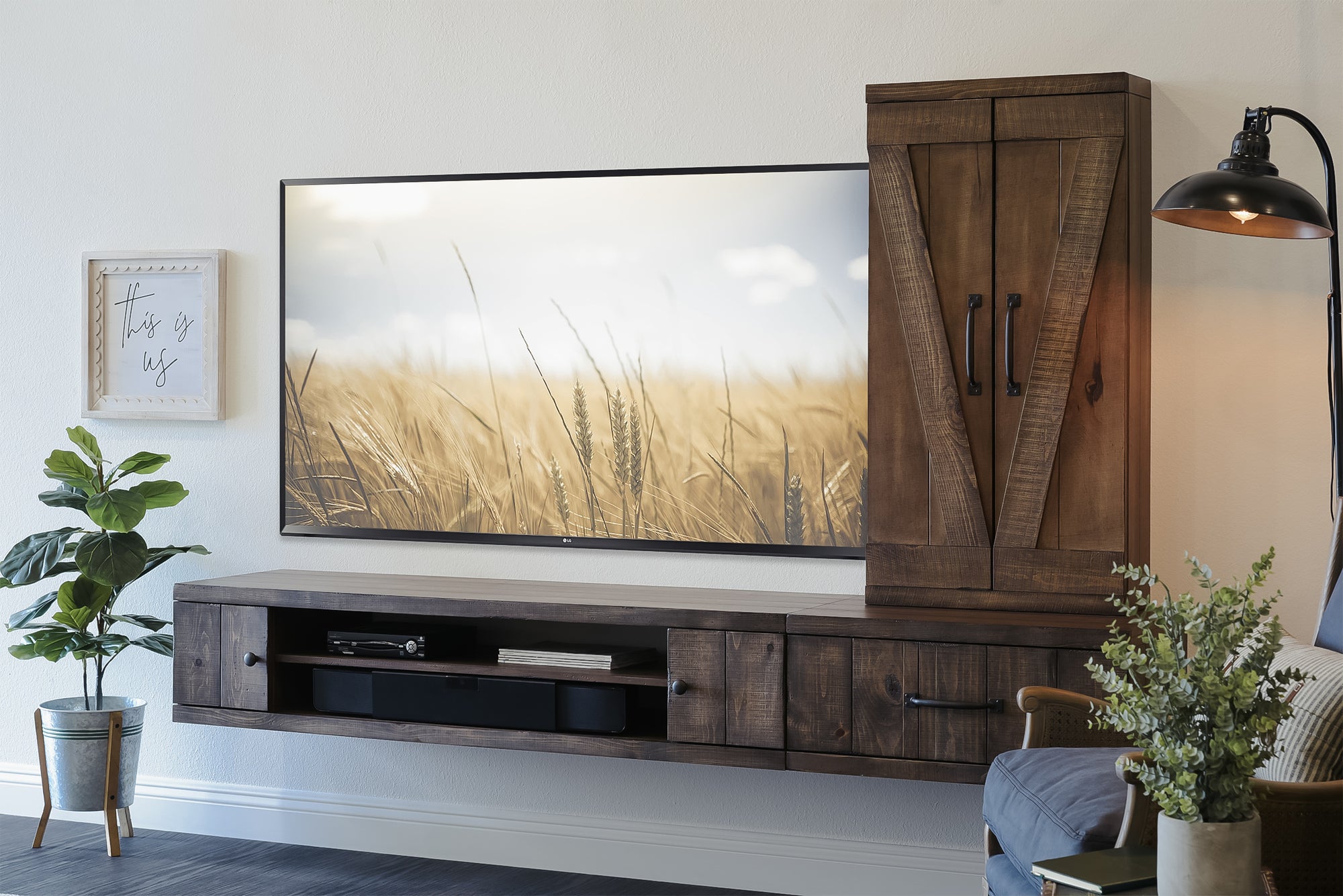 Wall Mount Entertainment Center Rustic Floating TV Stand With Bookcase - Farmhouse - Spice