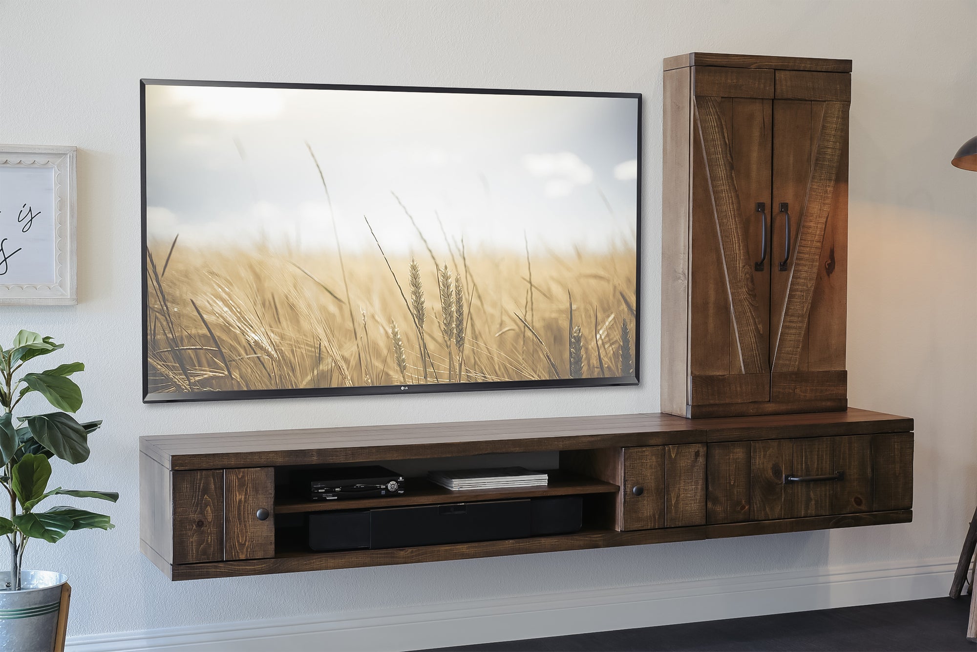 Wall Mount Entertainment Center Rustic Floating TV Stand With Bookcase - Farmhouse - Spice
