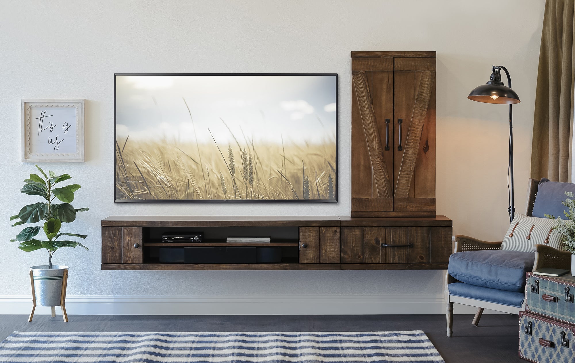 Wall Mount Entertainment Center Rustic Floating TV Stand With Bookcase - Farmhouse - Spice