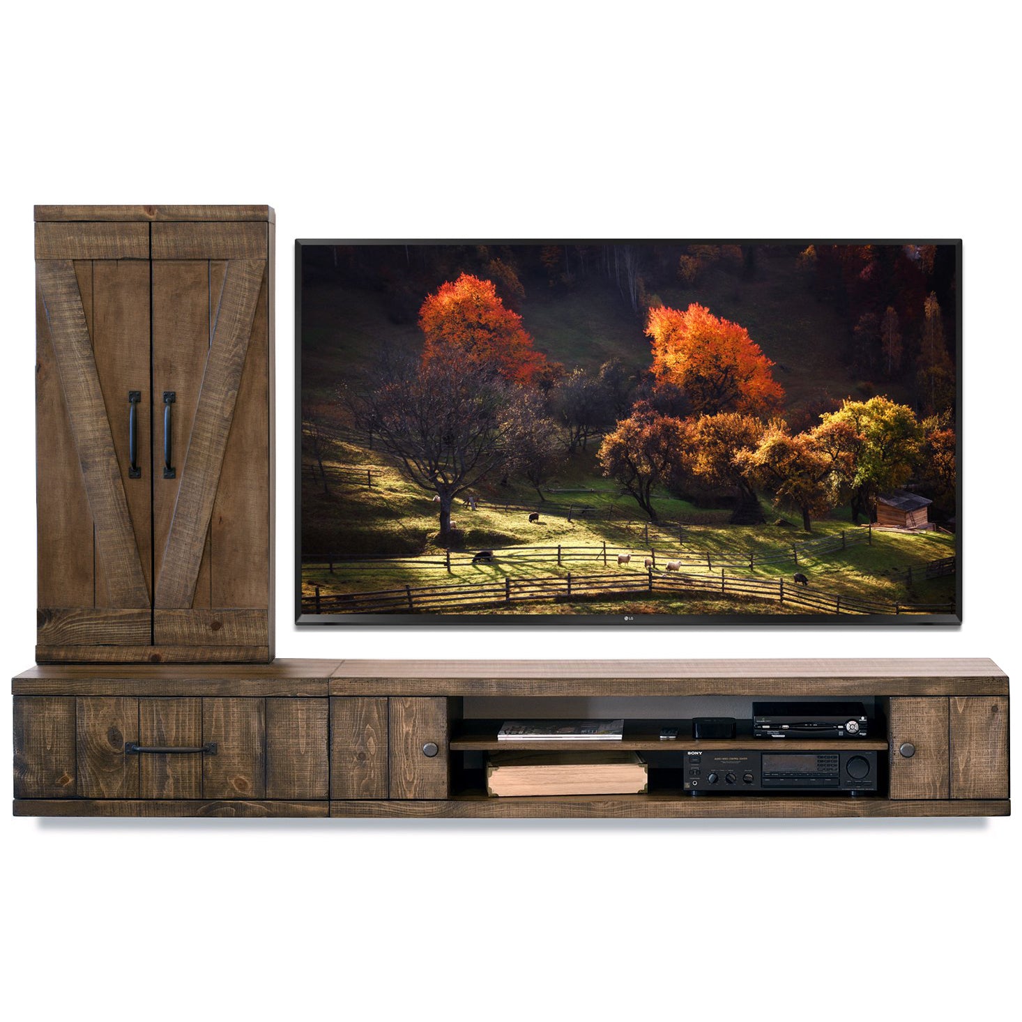 Wall Mount Entertainment Center Rustic Floating TV Stand With Bookcase - Farmhouse - Spice