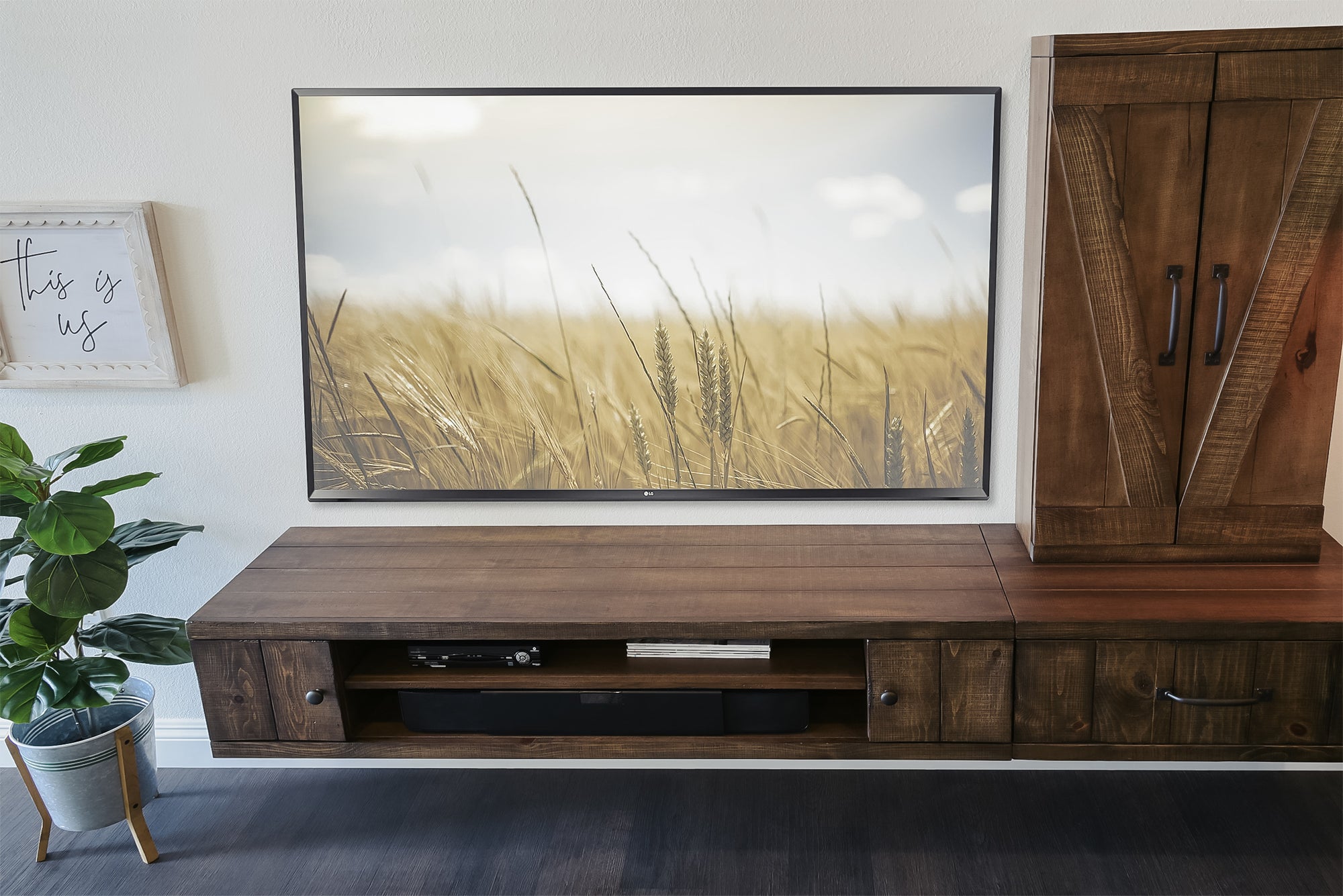 Wall Mount Entertainment Center Rustic Floating TV Stand With Bookcase - Farmhouse - Spice