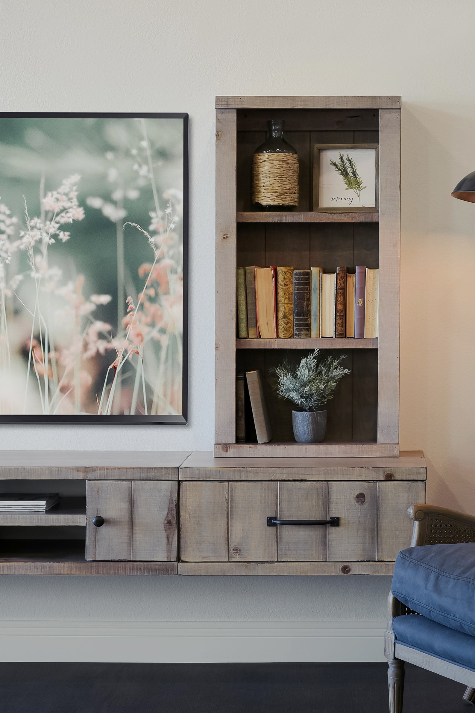 Floating TV Stand Rustic Wall Mount Entertainment Center Console With Bookcase - Farmhouse - Lakewood