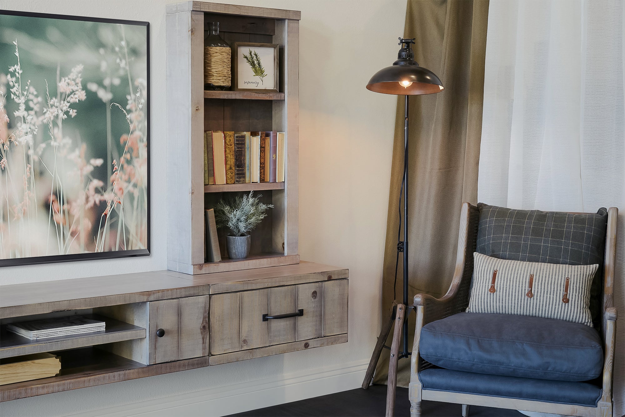 Floating TV Stand Rustic Wall Mount Entertainment Center Console With Bookcase - Farmhouse - Lakewood