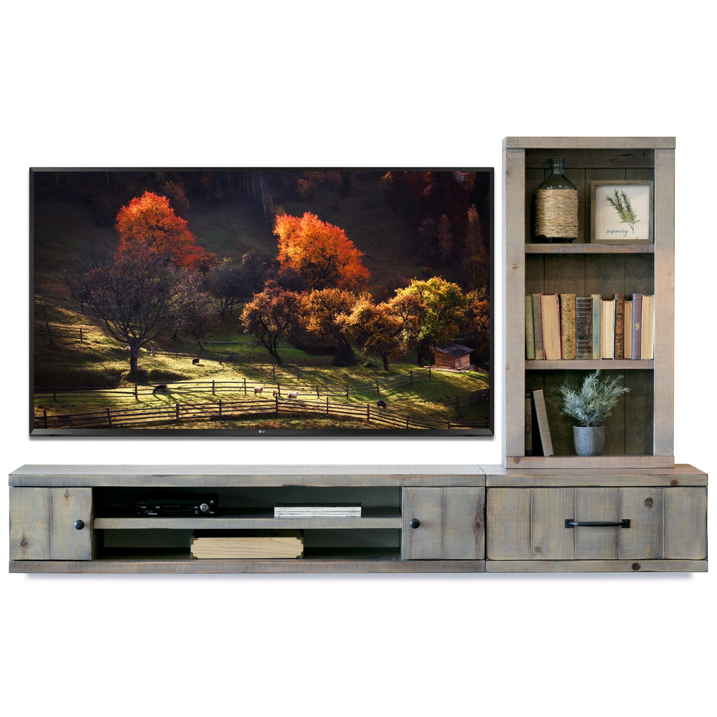 Floating TV Stand Rustic Wall Mount Entertainment Center Console With Bookcase - Farmhouse - Lakewood