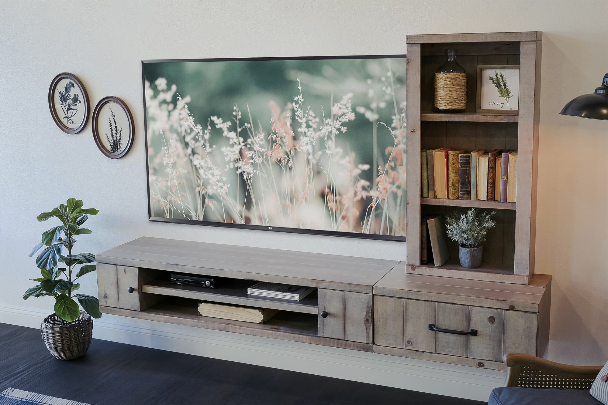 Floating TV Stand Rustic Wall Mount Entertainment Center Console With Bookcase - Farmhouse - Lakewood