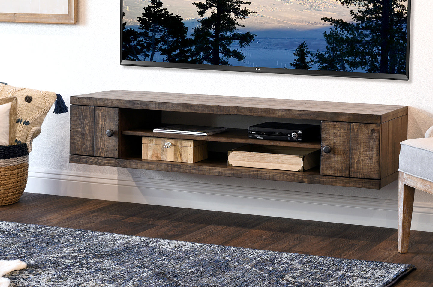 Rustic Barn Wood Style Floating TV Stand - Farmhouse - Spice