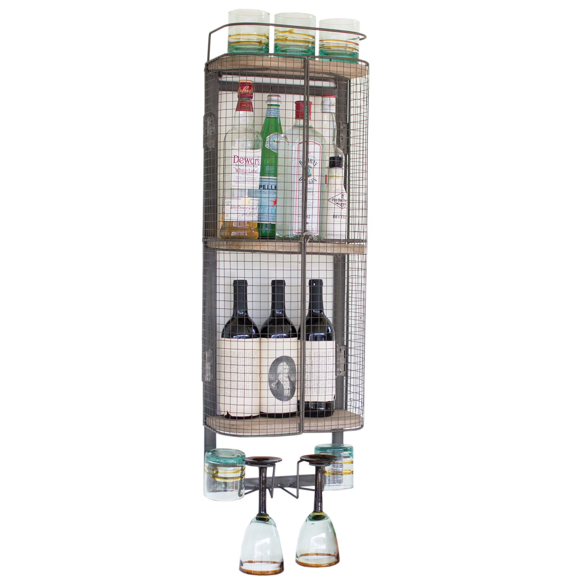 Floating Wall Mount Industrial Modern Cage Wine Bar Liquor Cabinet