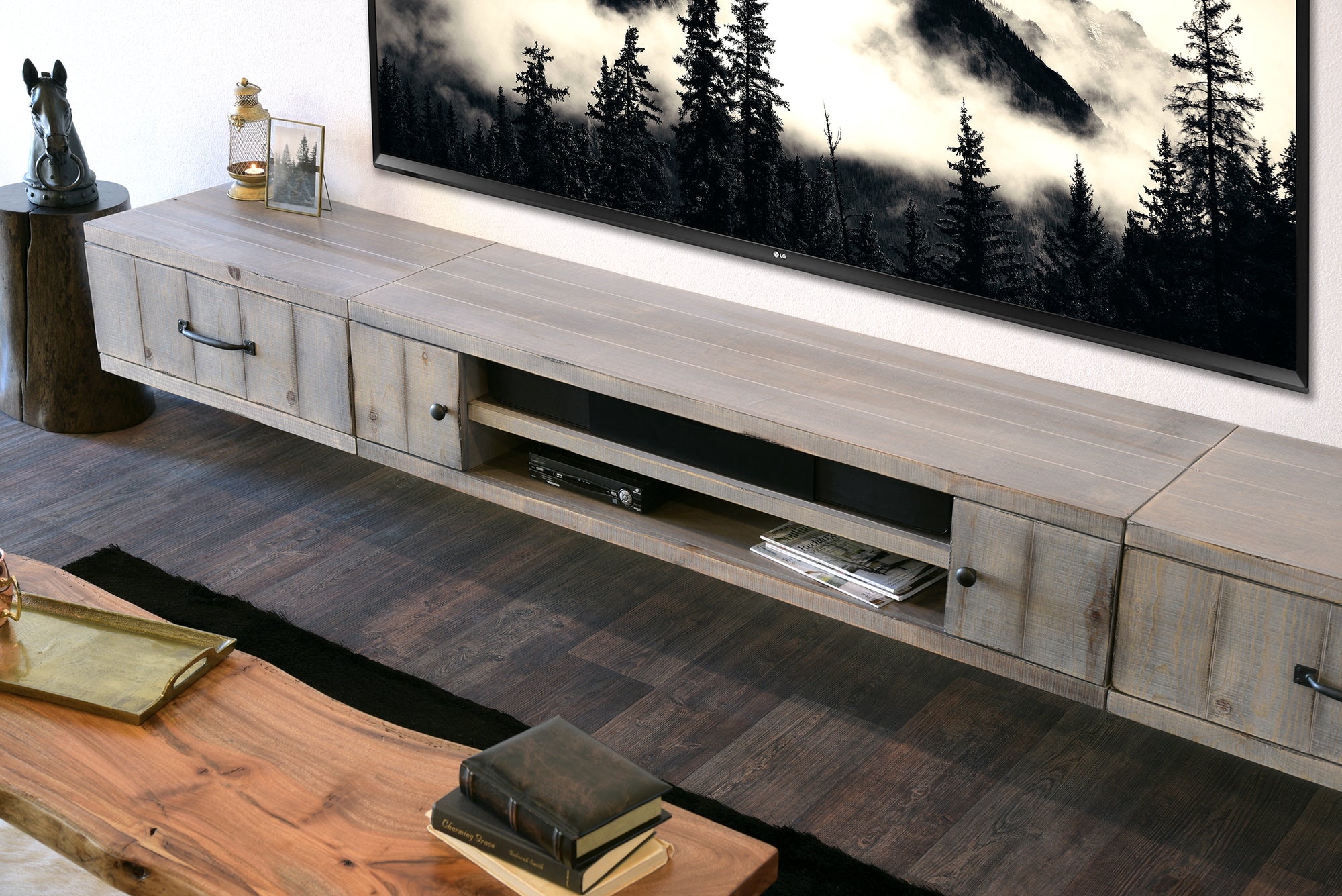 Gray Rustic Barn Wood Style Floating TV Stand Entertainment Center - Farmhouse - Lakewood