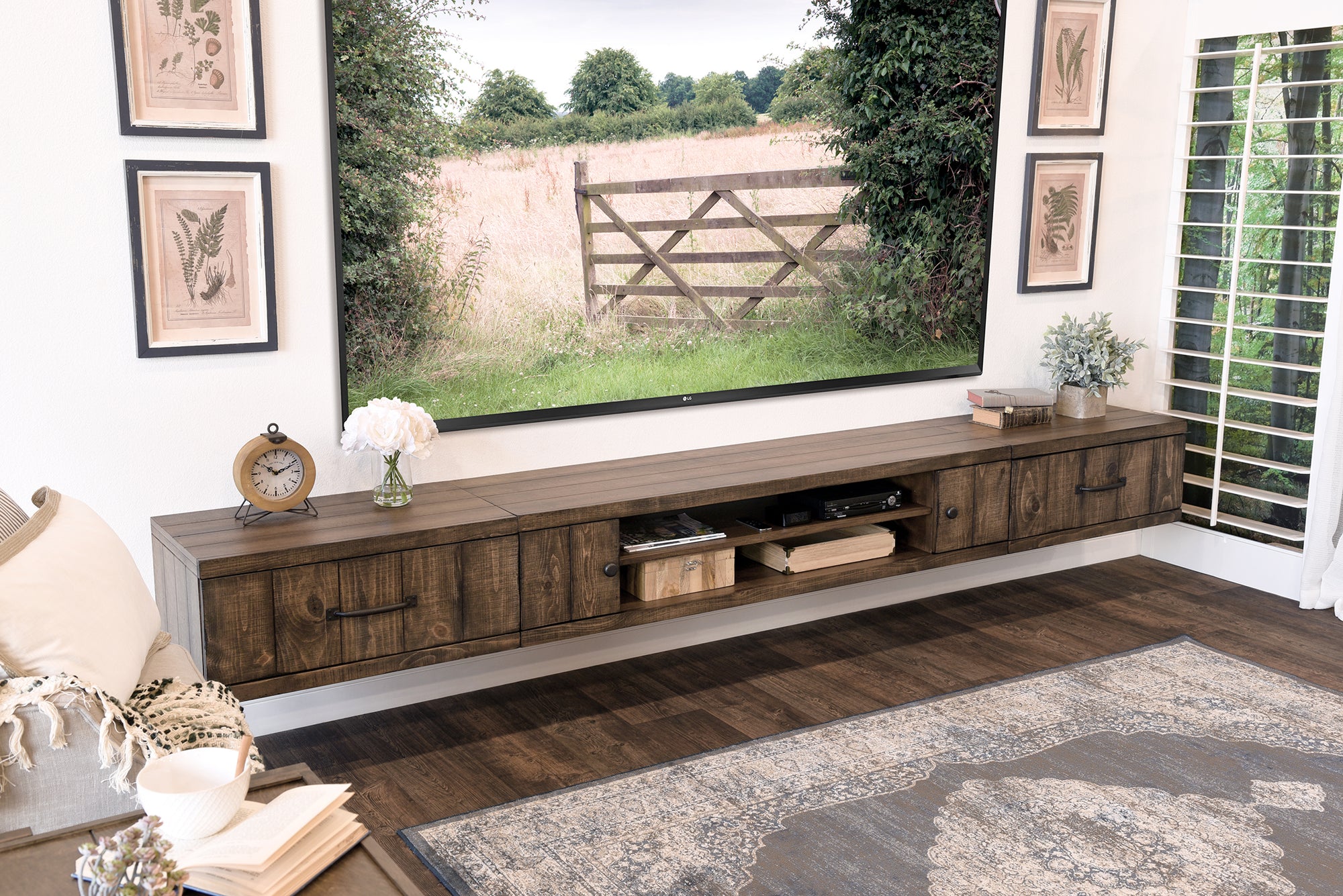 Rustic Wood 114" Floating TV Stand Wall Mount Entertainment Center - F ...