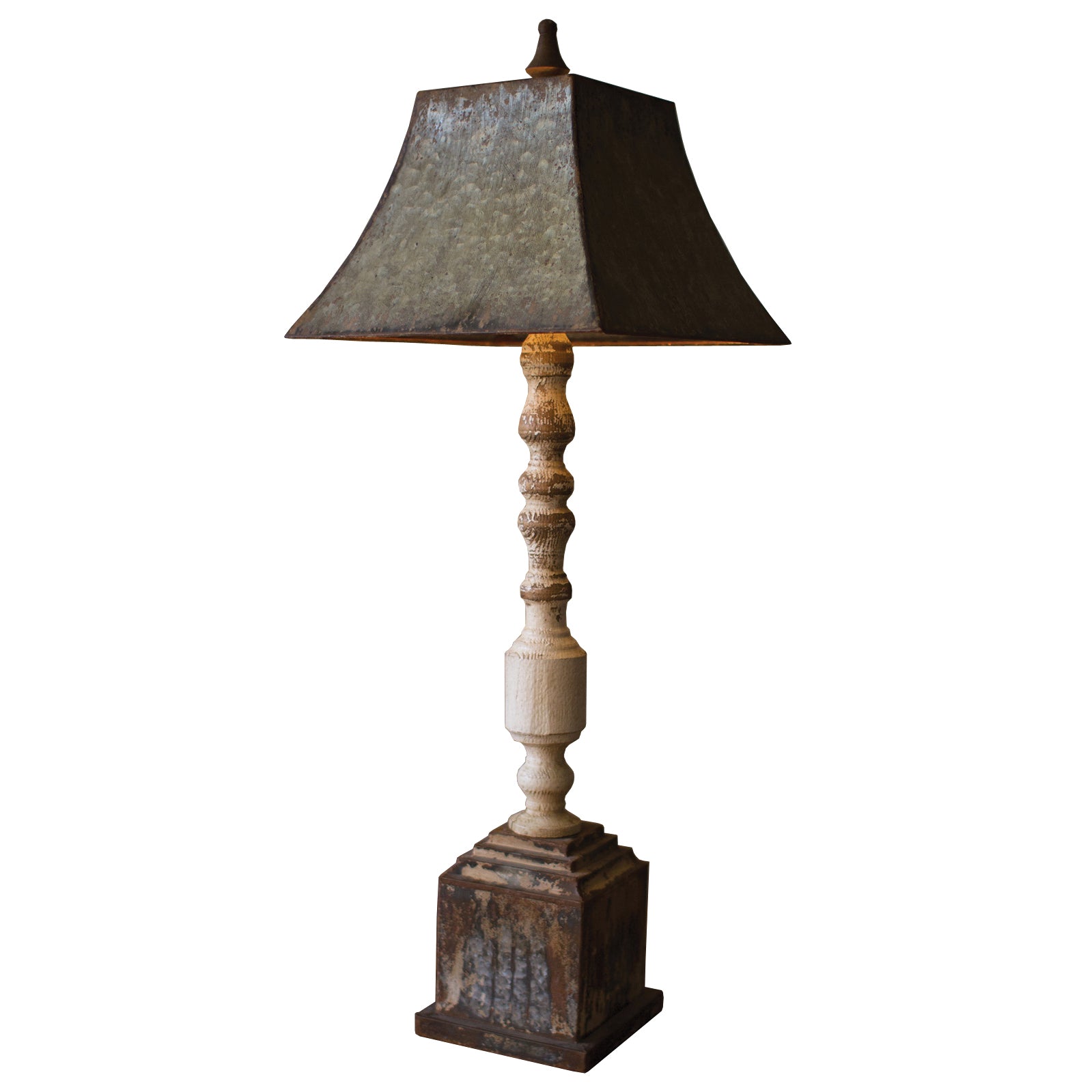 Rustic Turned Wood Banister Table Lamp With Metal Shade