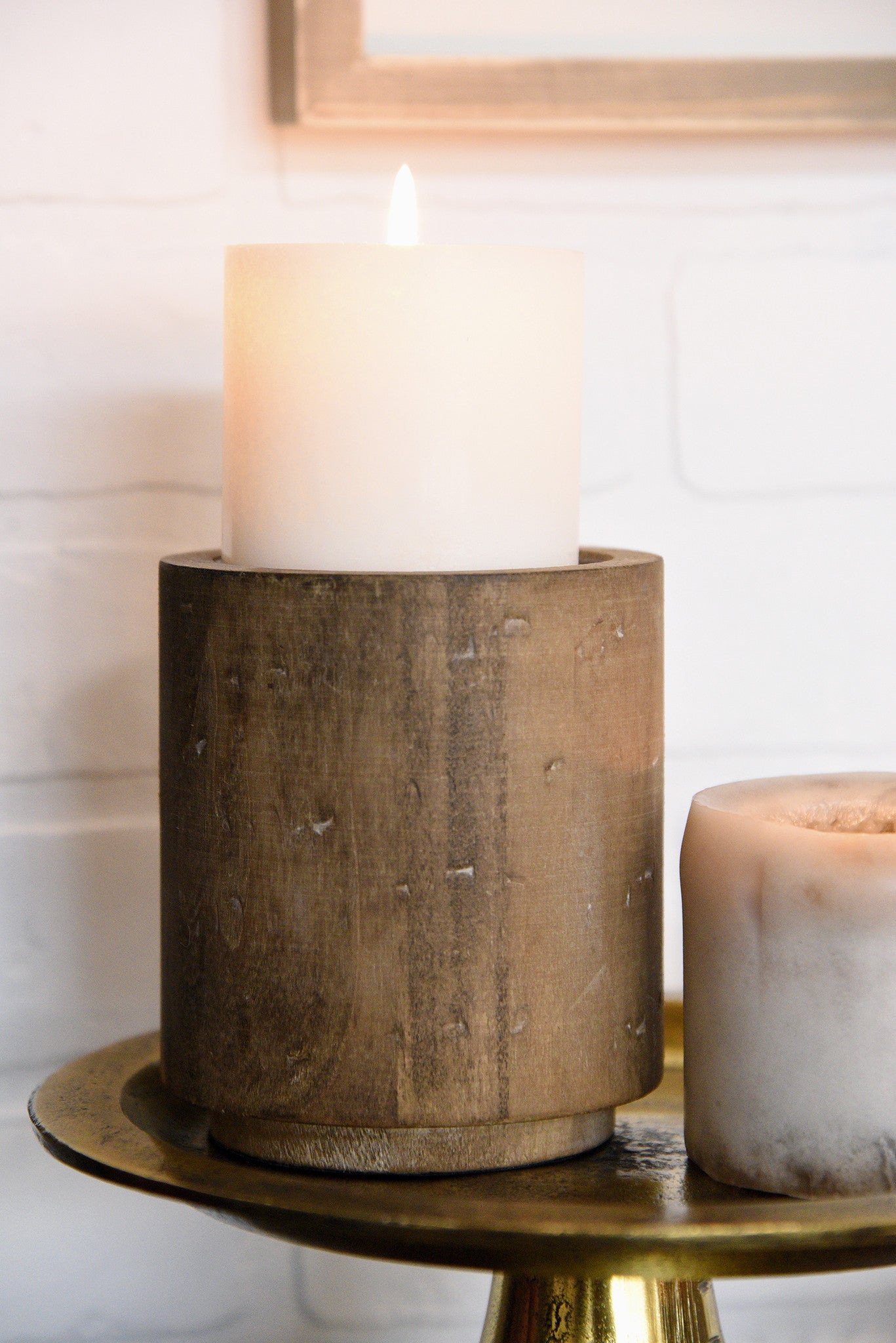 Rustic Wood And Metal Pillar Candle Holders - Set of 2