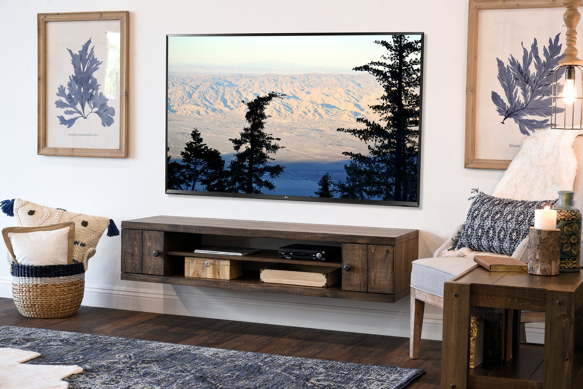 Rustic Wood Floating TV Stand Wall Mount Entertainment Center Console ...