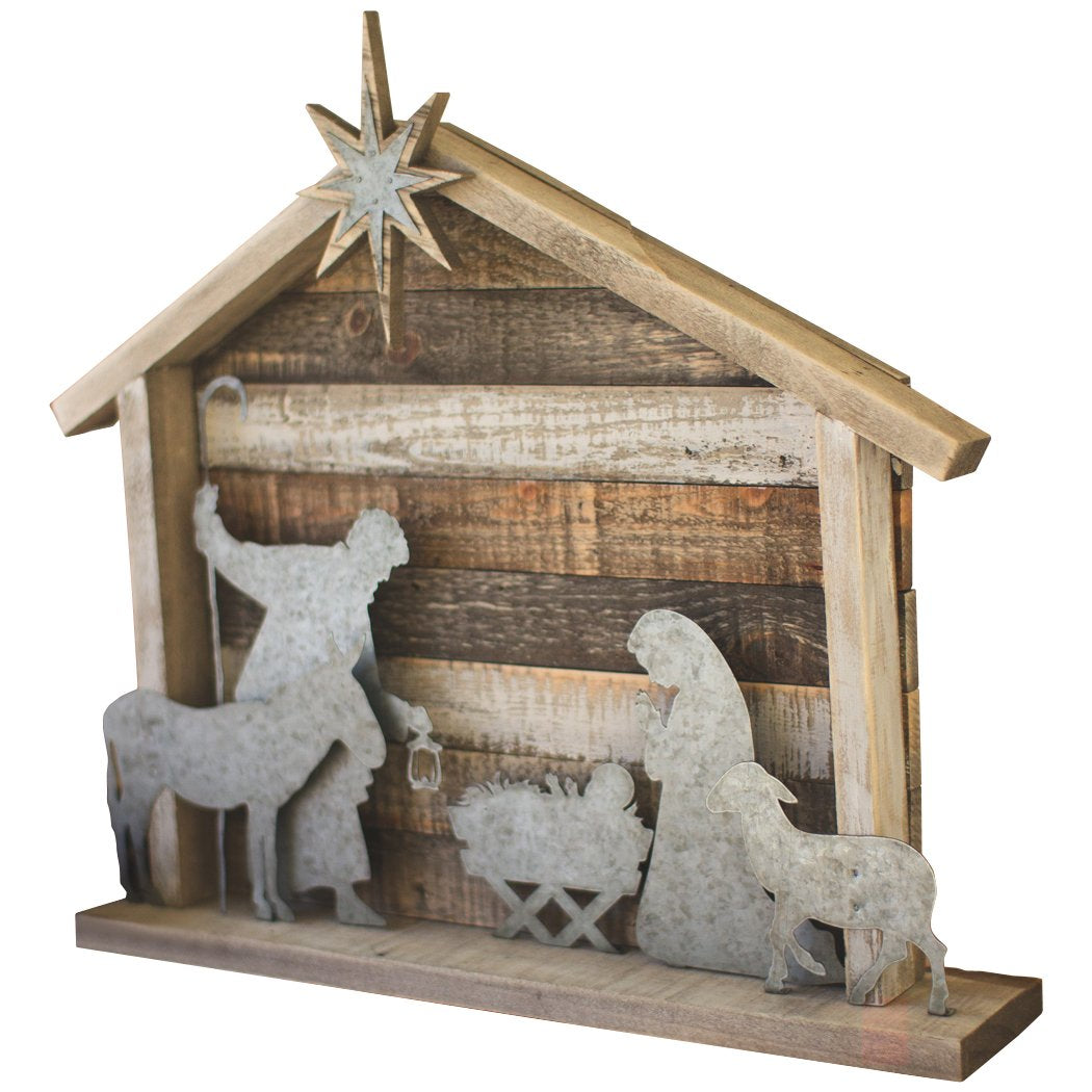 Rustic Wood and Metal Manger Nativity Scene