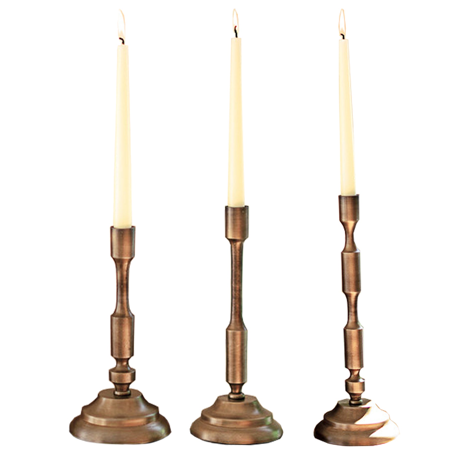 Antique Brass Metal Taper Candle Stands -Set Of 3 - Woodwaves