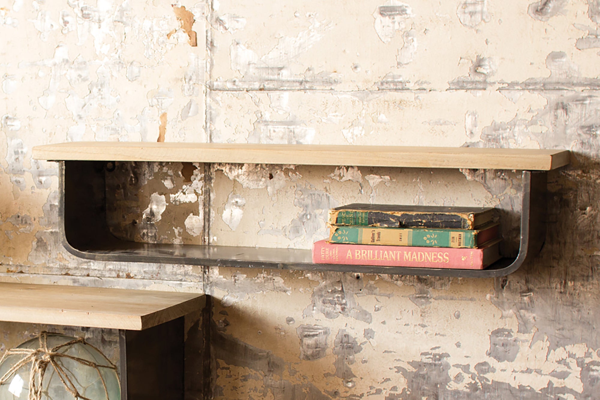 Set of Two Industrial Modern Metal and Wood Wall Shelves