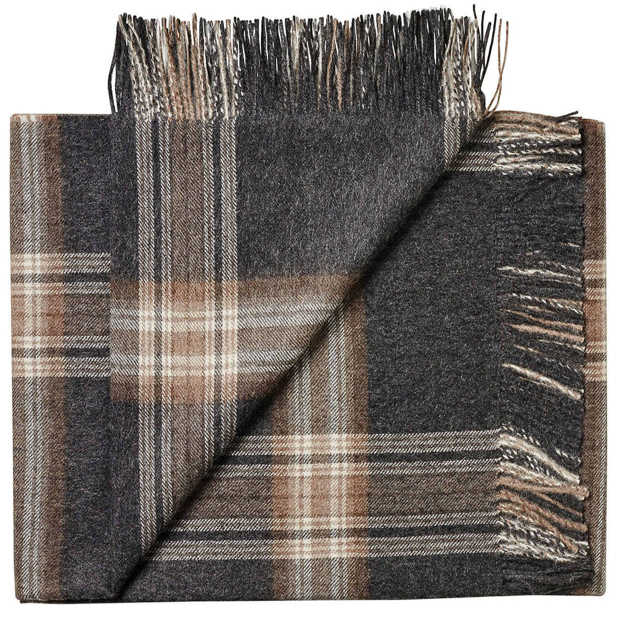 Soft Alpaca Wool Throw Blanket Dark Gray and Tan Plaid