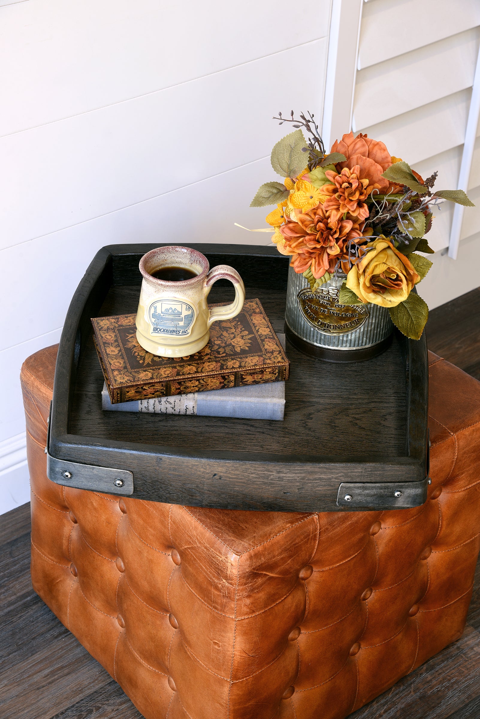 Reclaimed Wood Repurposed Oak Wine Barrel Square Serving Tray - Ebony