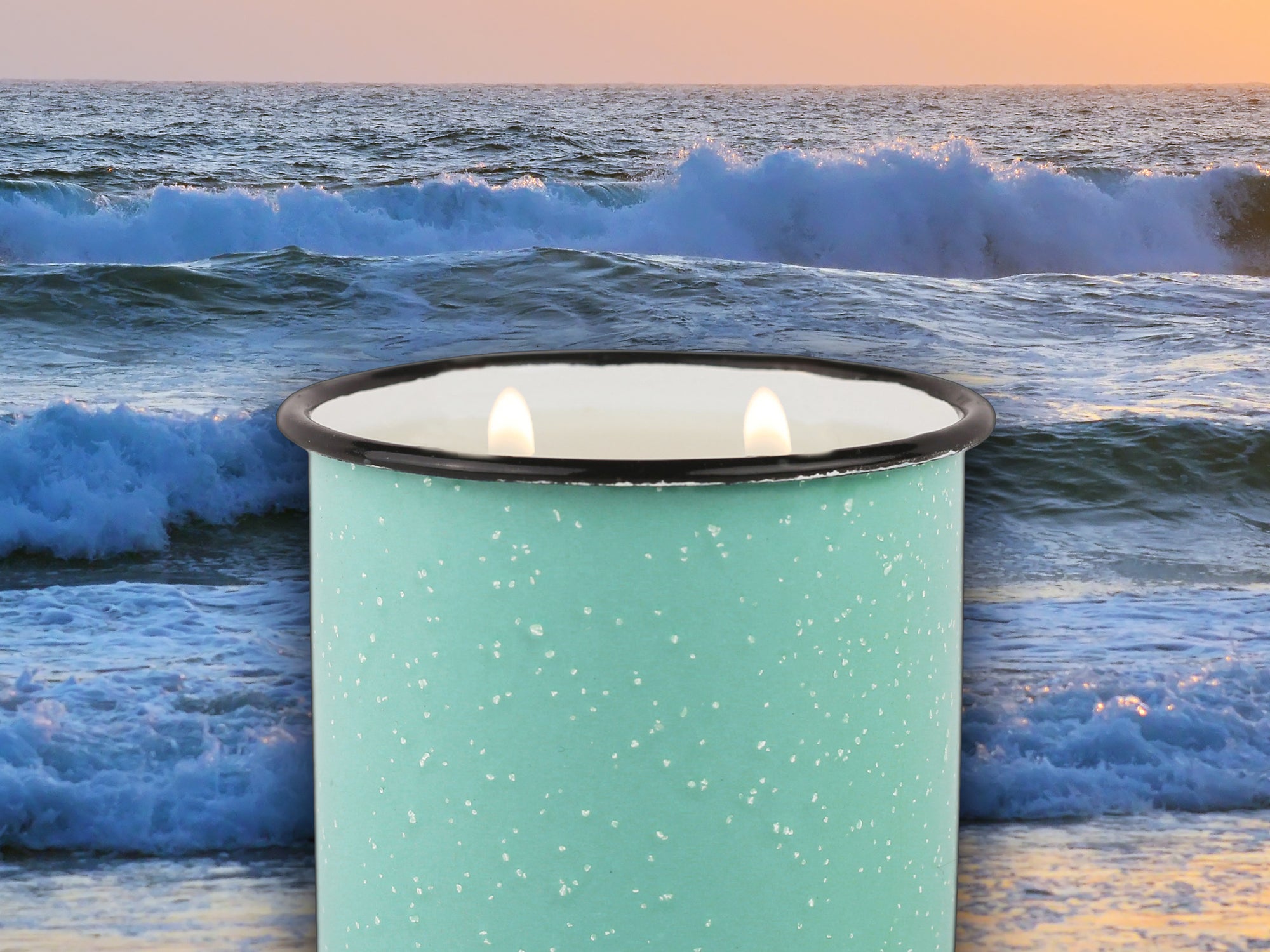 Teal Enamel Camping Mug Candle - Fresh Air & Sea Salt - Coastal Scented